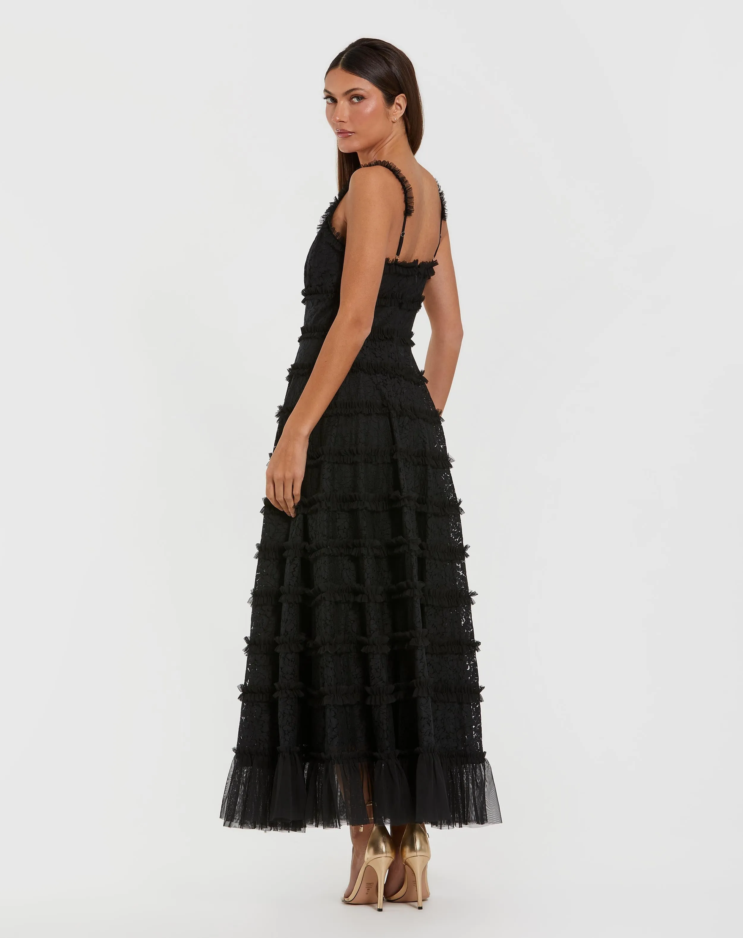 Black Sleeveless Lace A Line Midi Dress With Ruffles sold by Mac Duggal product image thumbnail 3