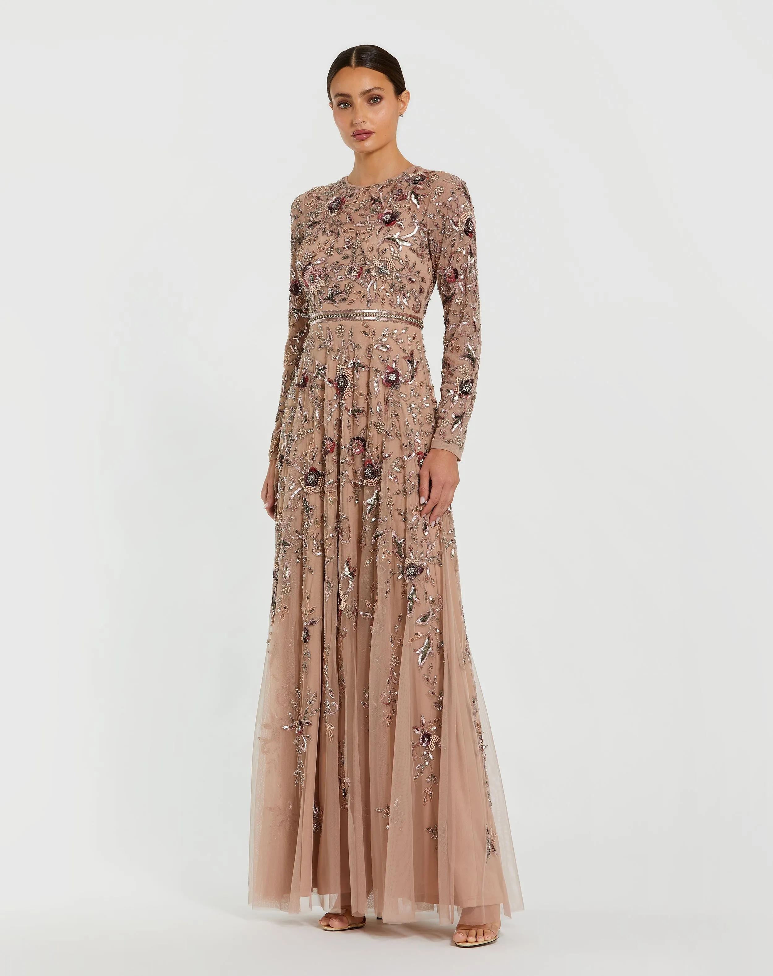 Long Sleeve Floral Embellished A-line Gown sold by Mac Duggal