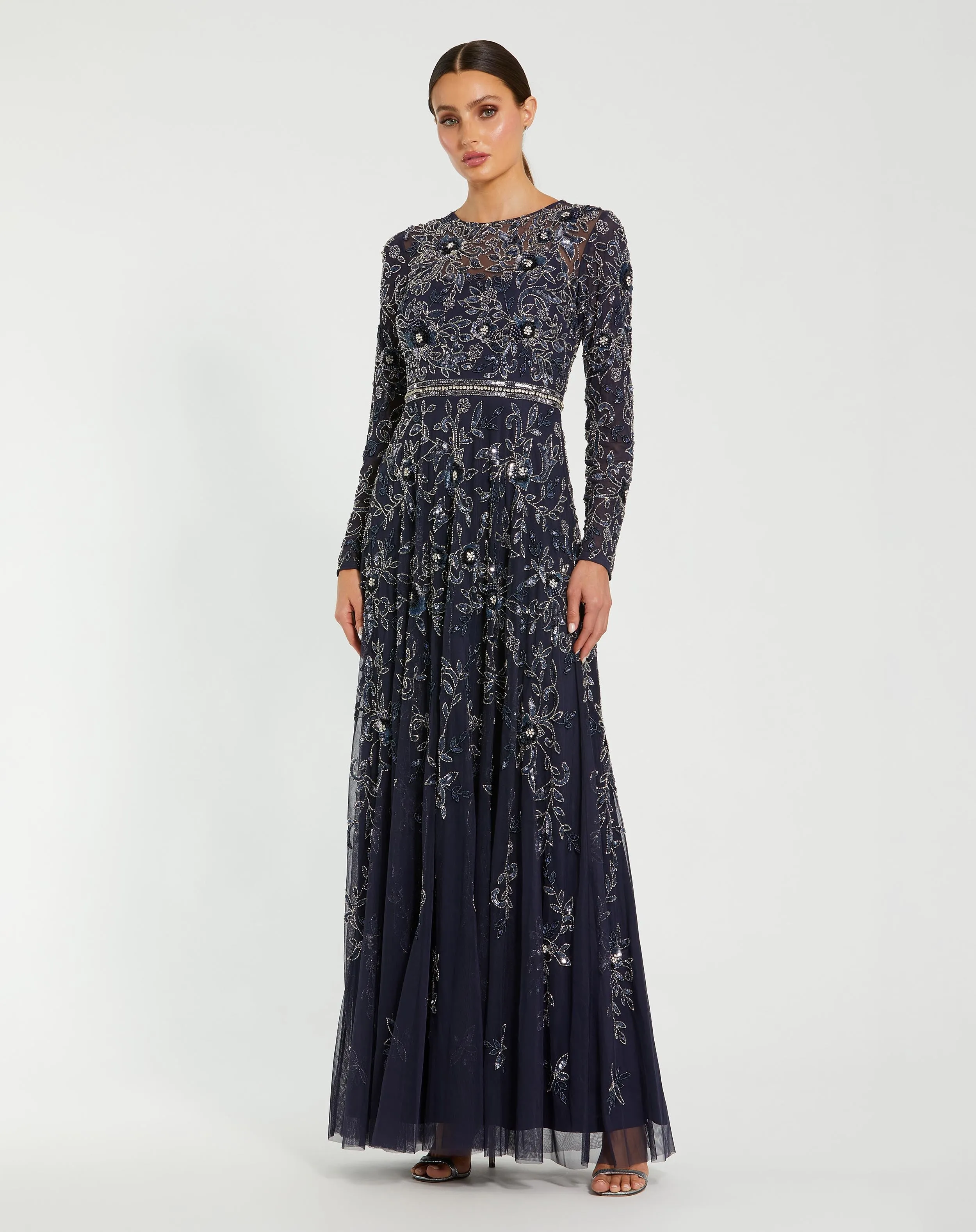 Navy Long Sleeve Floral Embellished A-line Gown sold by Mac Duggal