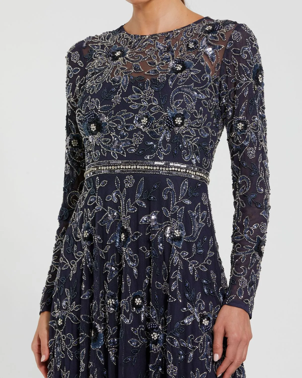 Navy Long Sleeve Floral Embellished A-line Gown sold by Mac Duggal product image thumbnail 2