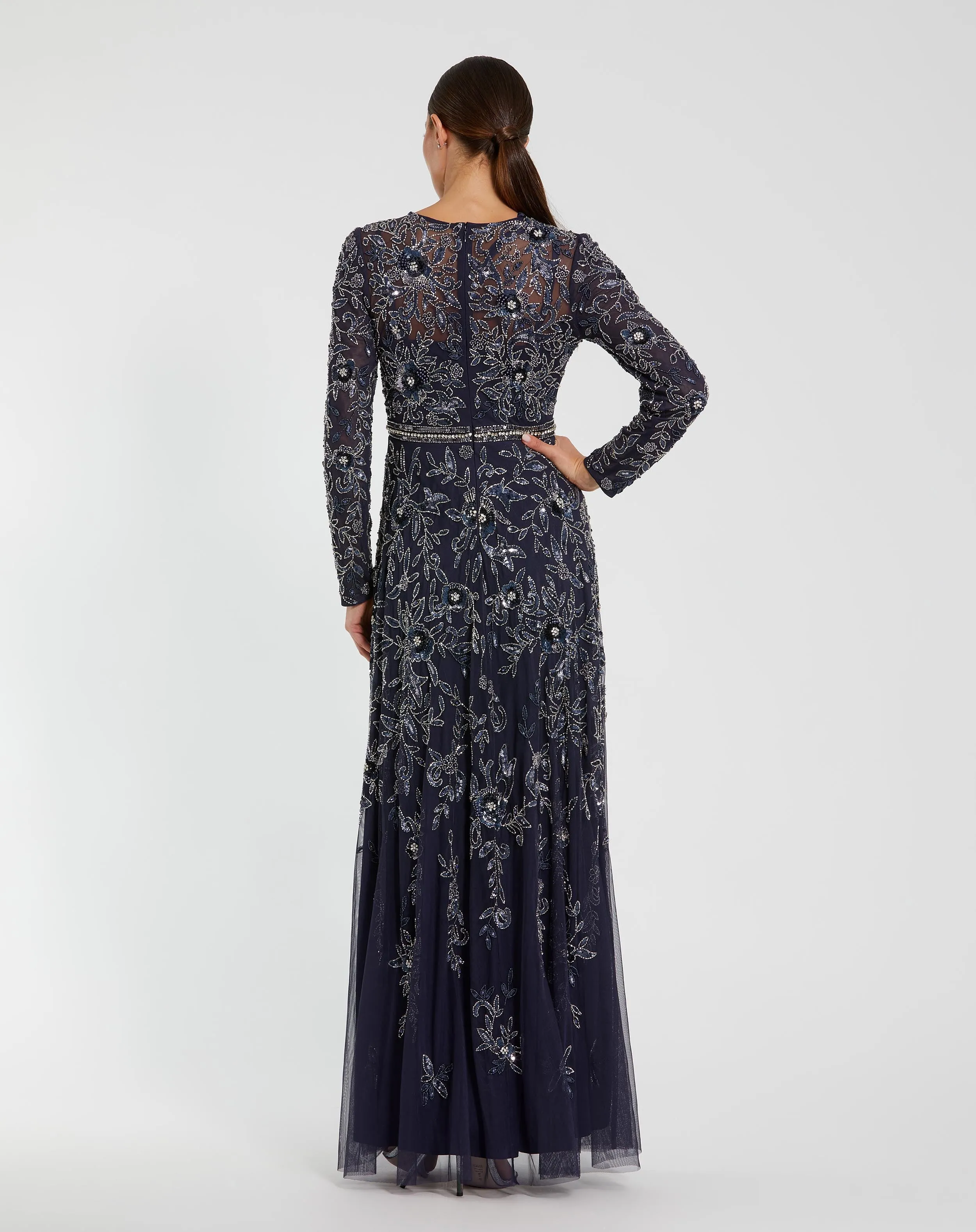 Navy Long Sleeve Floral Embellished A-line Gown sold by Mac Duggal product image thumbnail 3