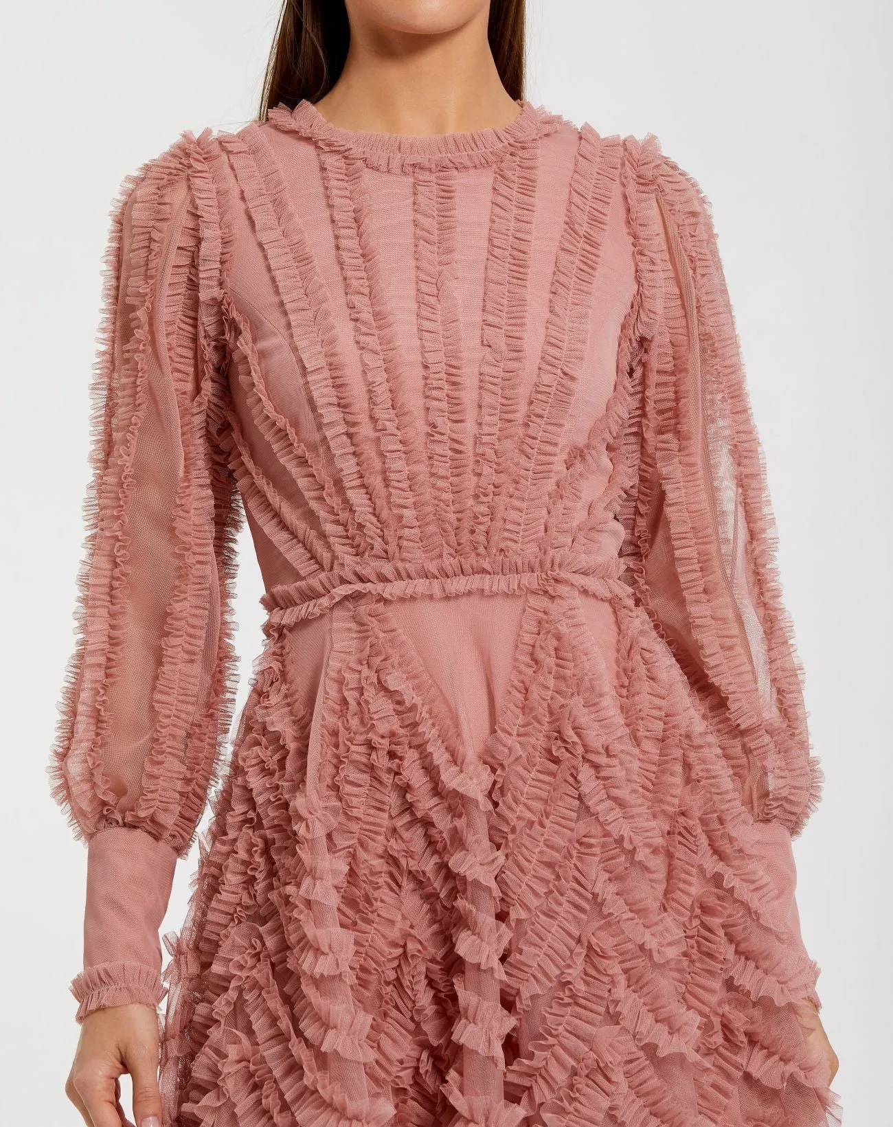 Pink Ruffle Lace Up Back Long Sleeve Mini Dress sold by Mac Duggal product image thumbnail 2