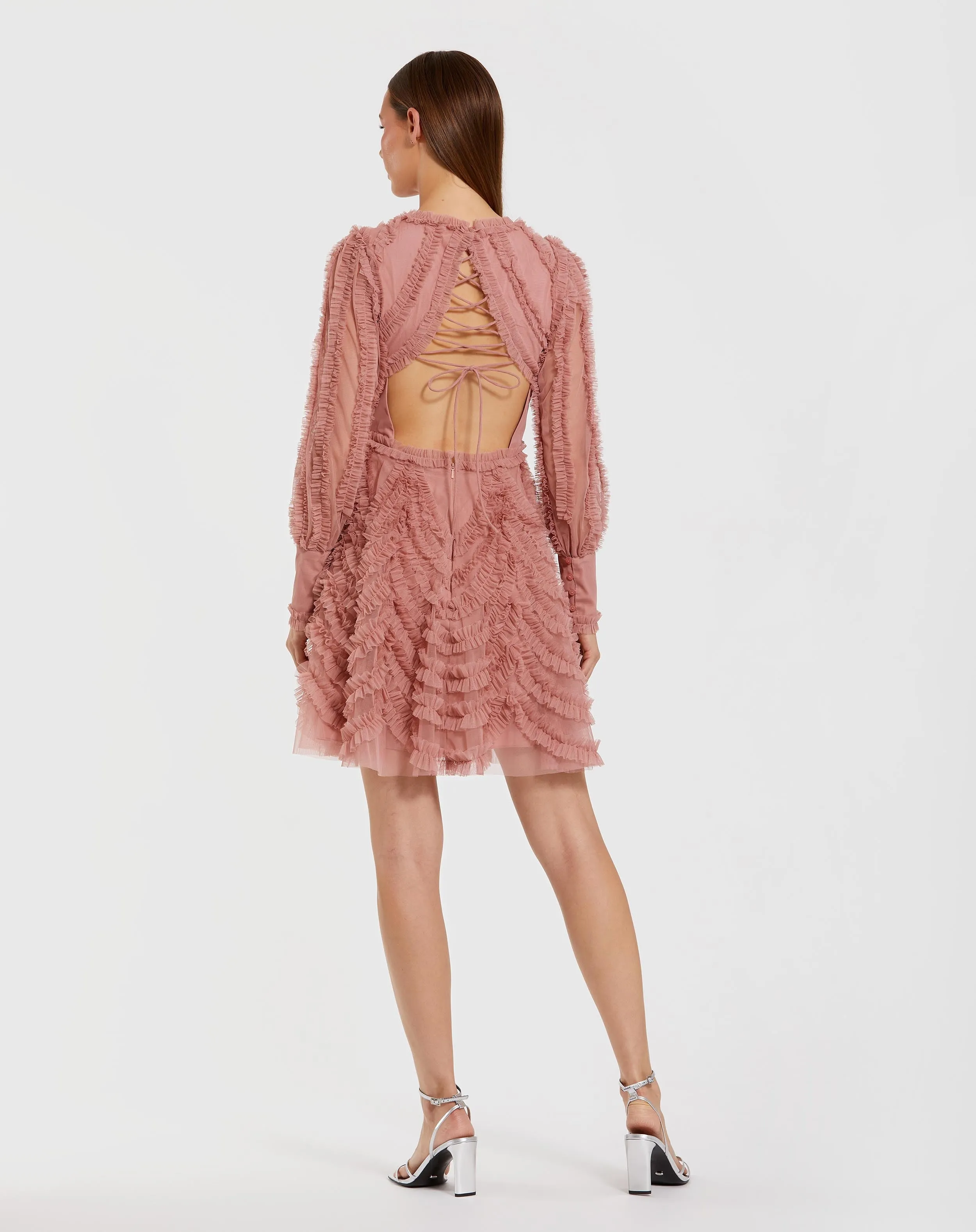 Pink Ruffle Lace Up Back Long Sleeve Mini Dress sold by Mac Duggal product image thumbnail 3