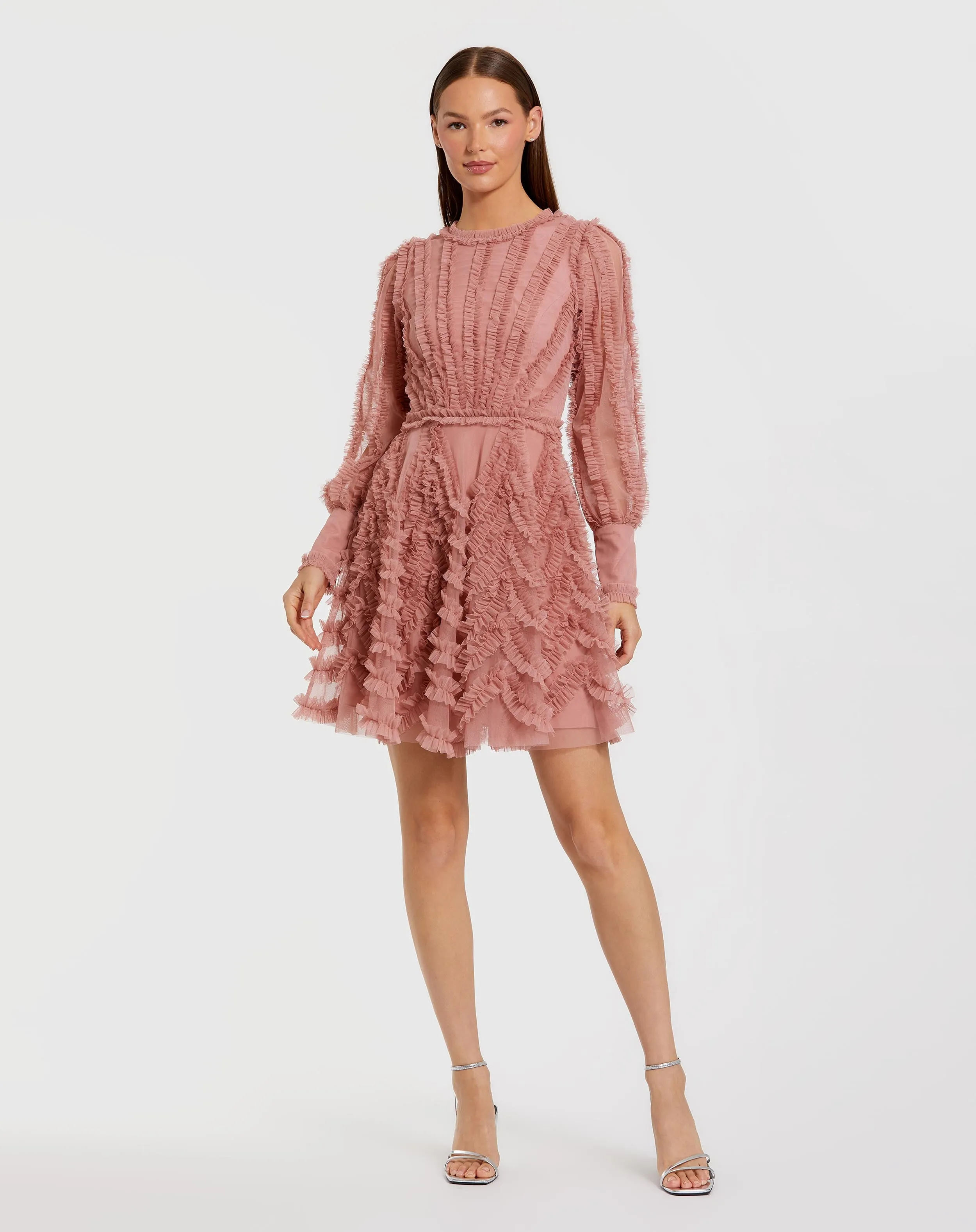 Pink Ruffle Lace Up Back Long Sleeve Mini Dress sold by Mac Duggal