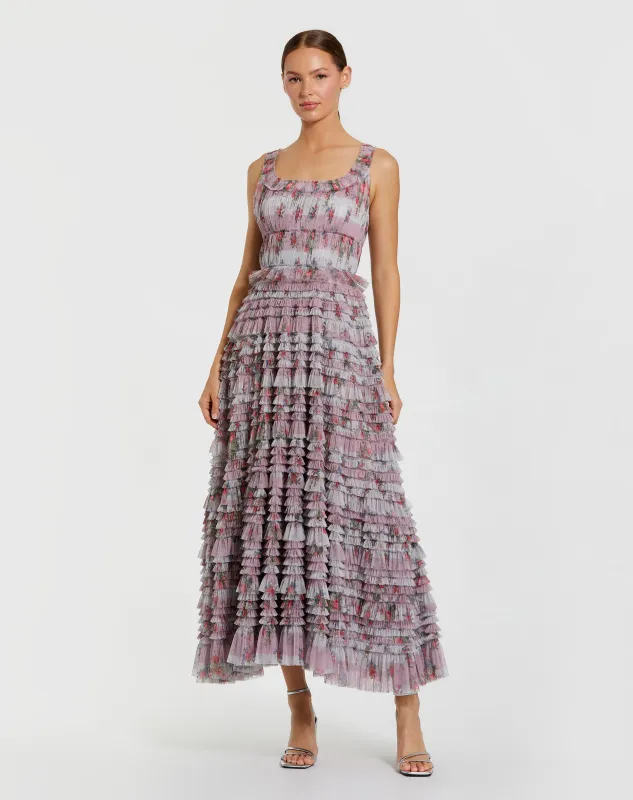 Purple Sleeveless Floral Midi Dress with Tiered Ruffles sold by Mac Duggal