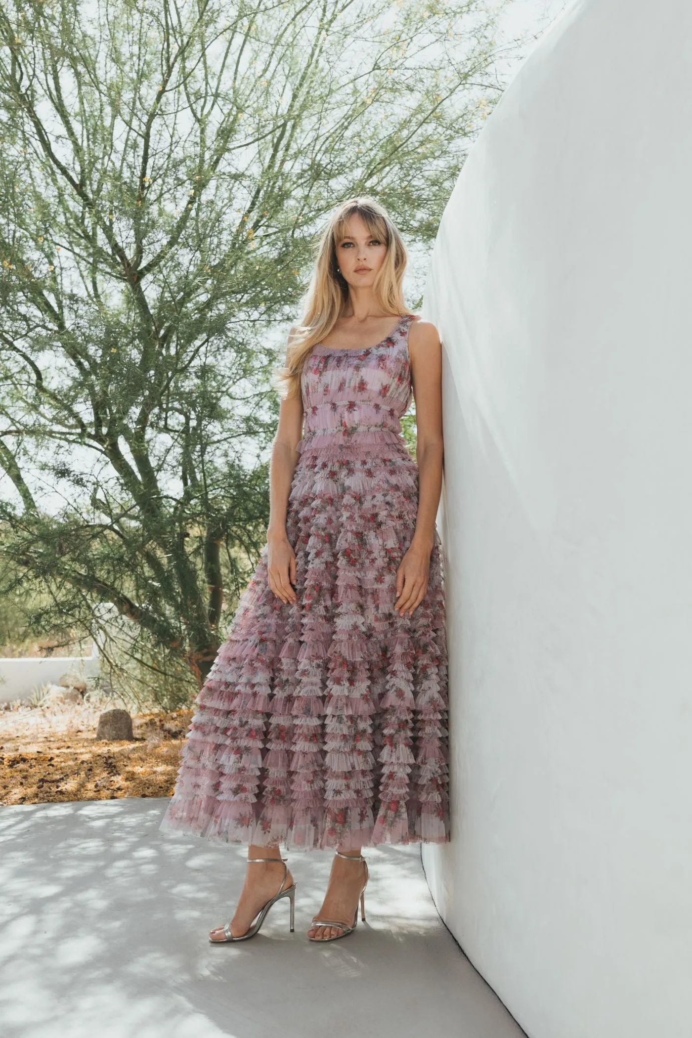 Purple Sleeveless Floral Midi Dress with Tiered Ruffles sold by Mac Duggal product image thumbnail 4