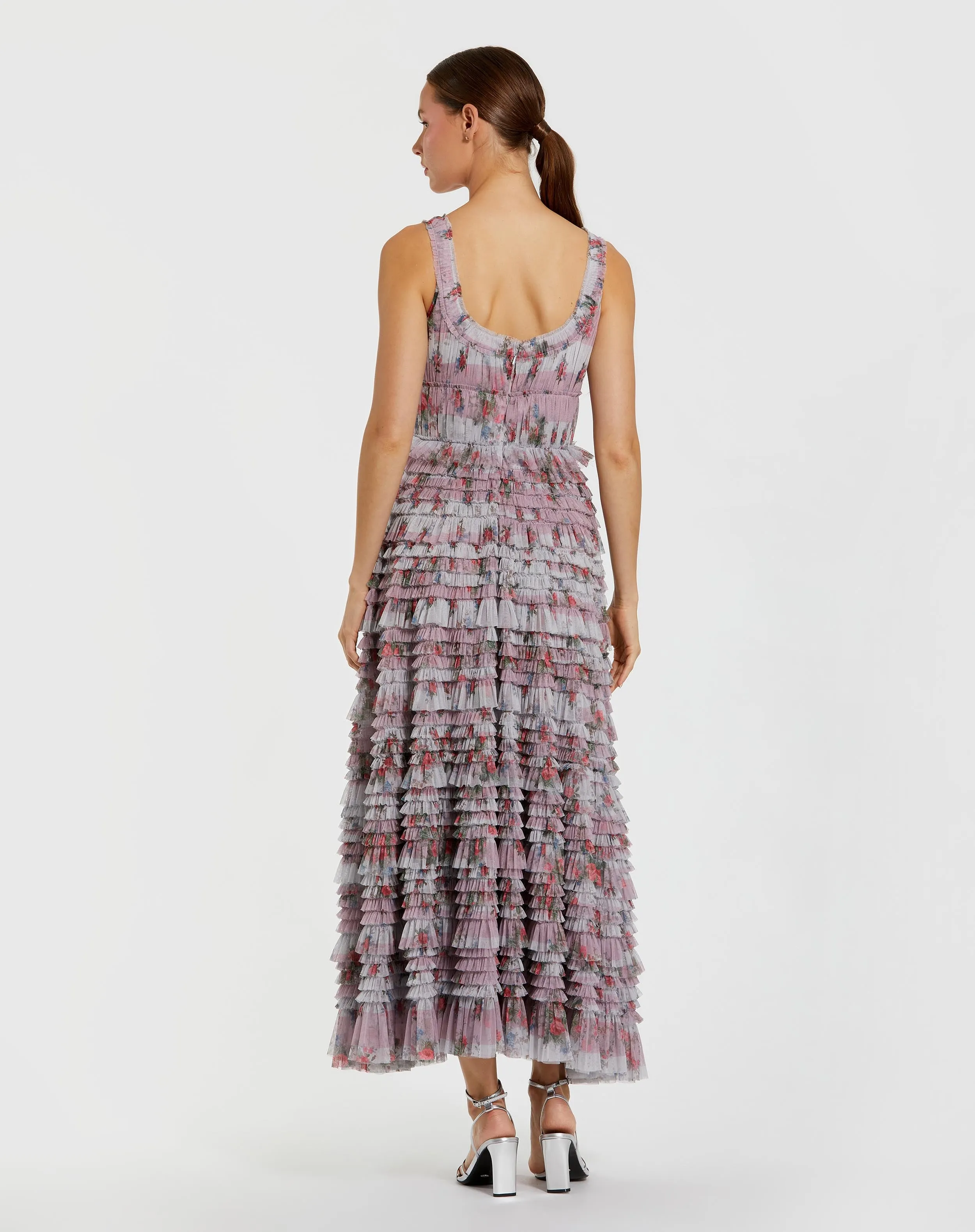Purple Sleeveless Floral Midi Dress with Tiered Ruffles sold by Mac Duggal product image thumbnail 3