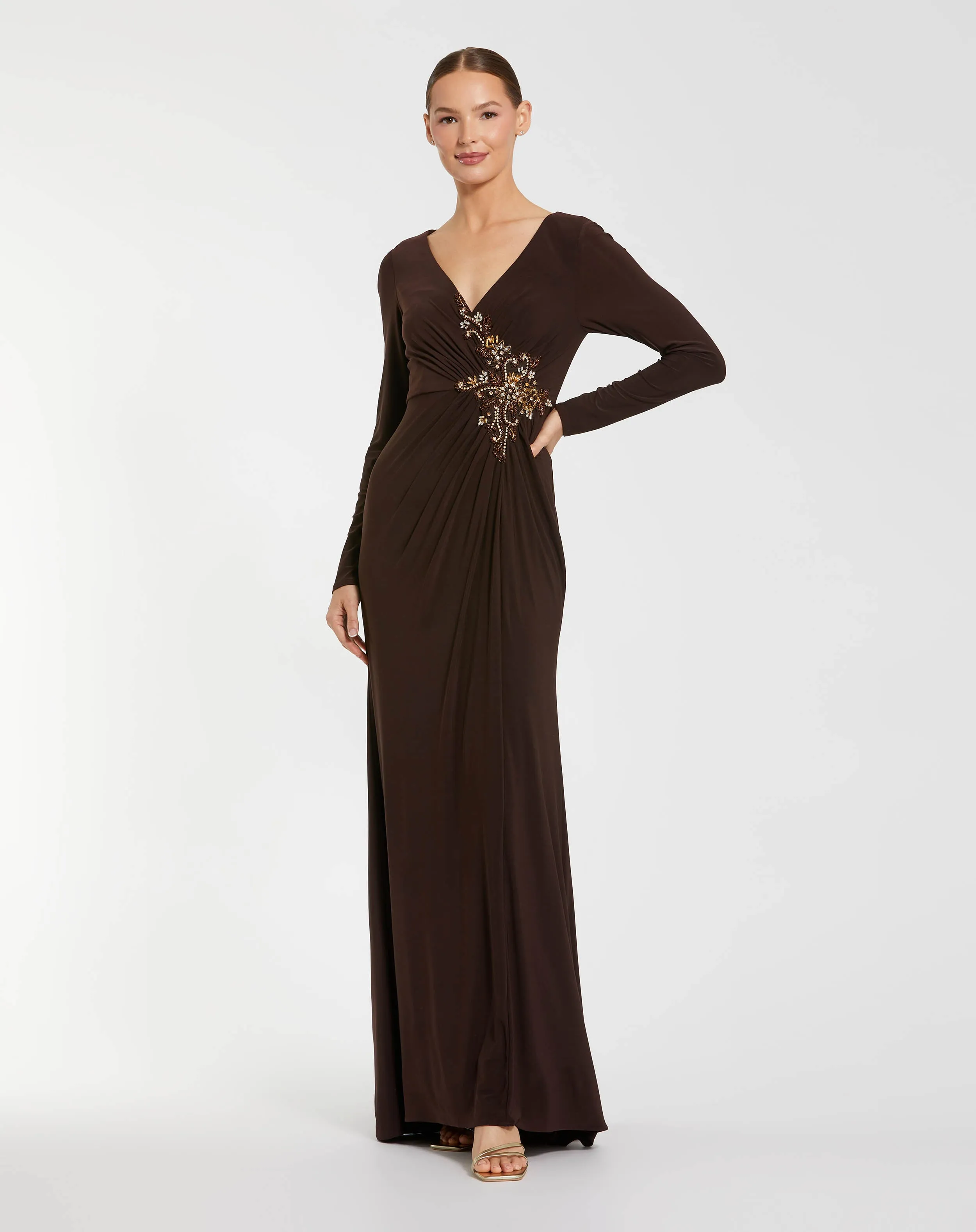 Brown Faux Wrap Long Sleeve Evening Gown with Appliqué Detail sold by Mac Duggal