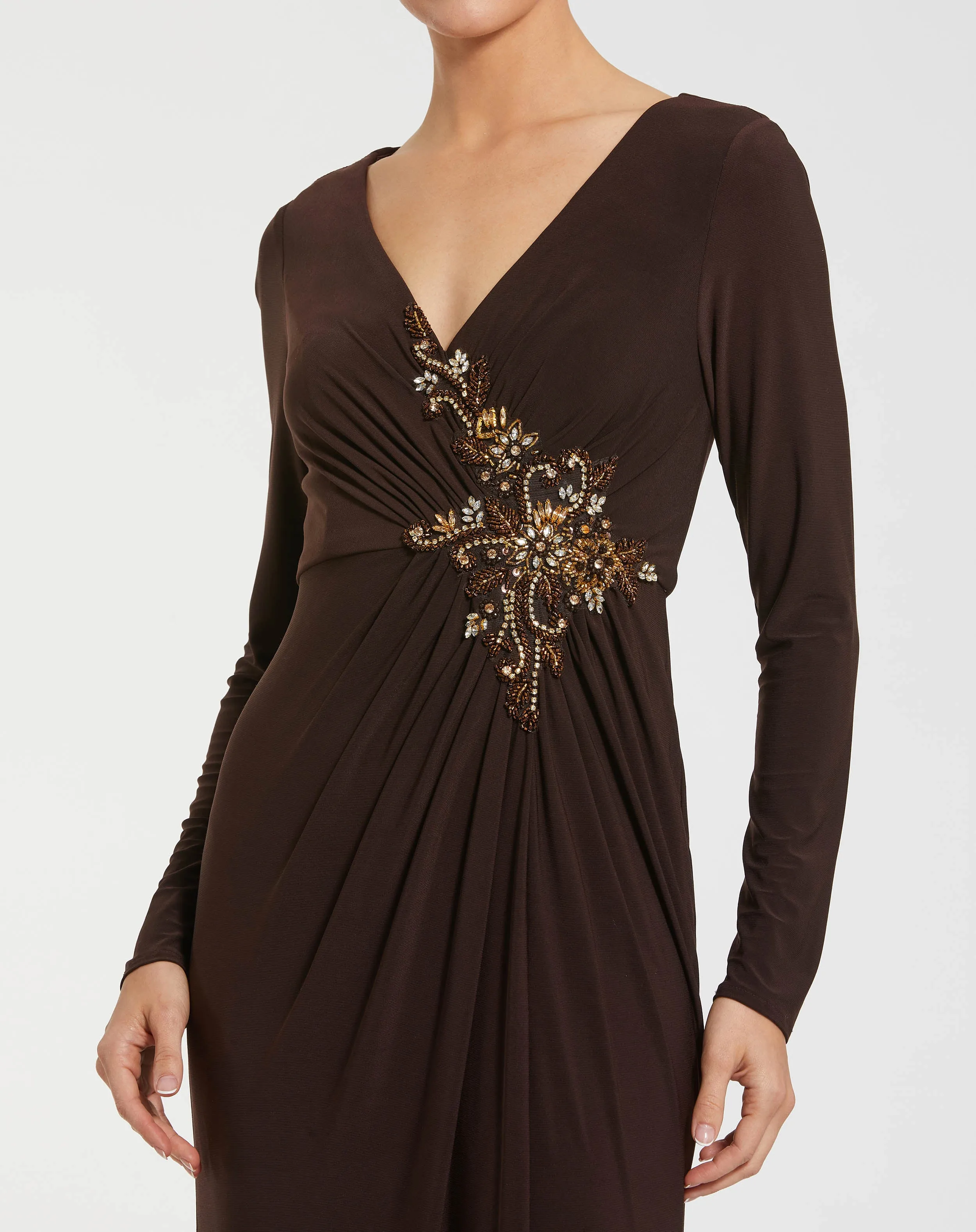 Brown Faux Wrap Long Sleeve Evening Gown with Appliqué Detail sold by Mac Duggal product image thumbnail 2