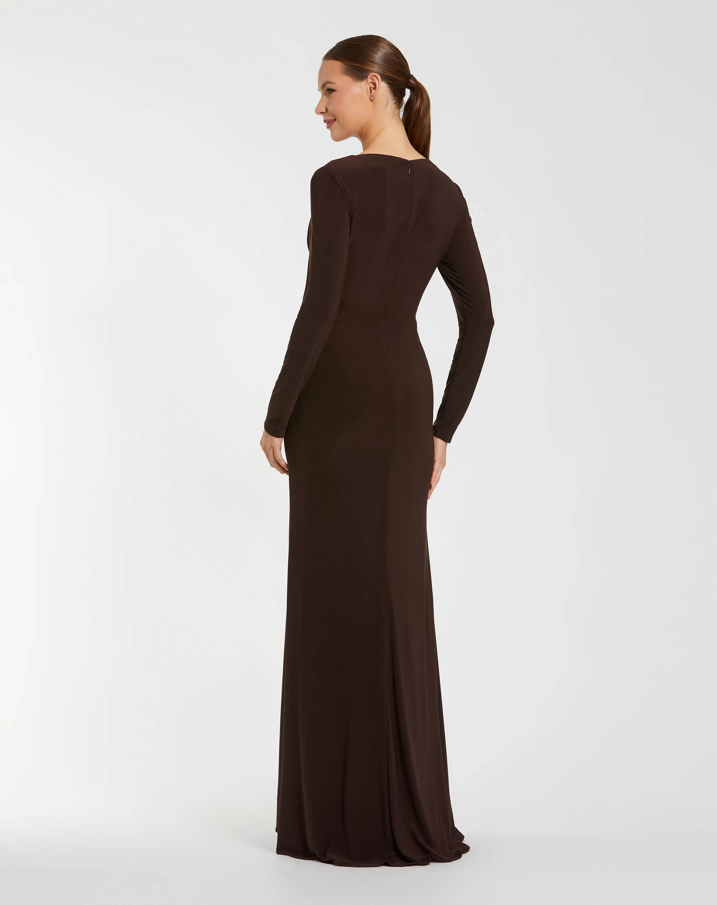 Brown Faux Wrap Long Sleeve Evening Gown with Appliqué Detail sold by Mac Duggal product image thumbnail 3