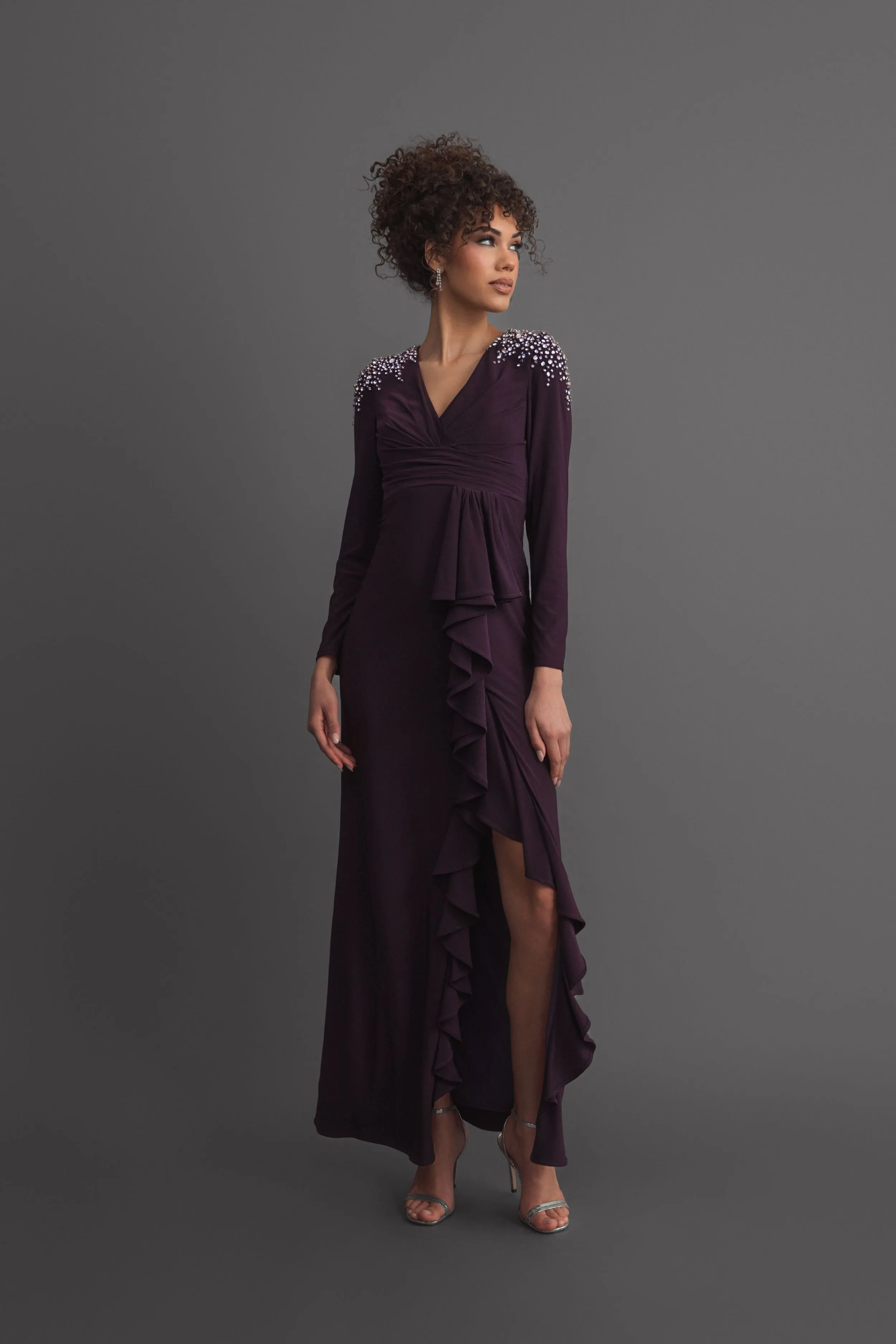 Purple Long Sleeve Gown with Cascading Ruffle & Rhinestone Shoulders sold by Mac Duggal product image thumbnail 5