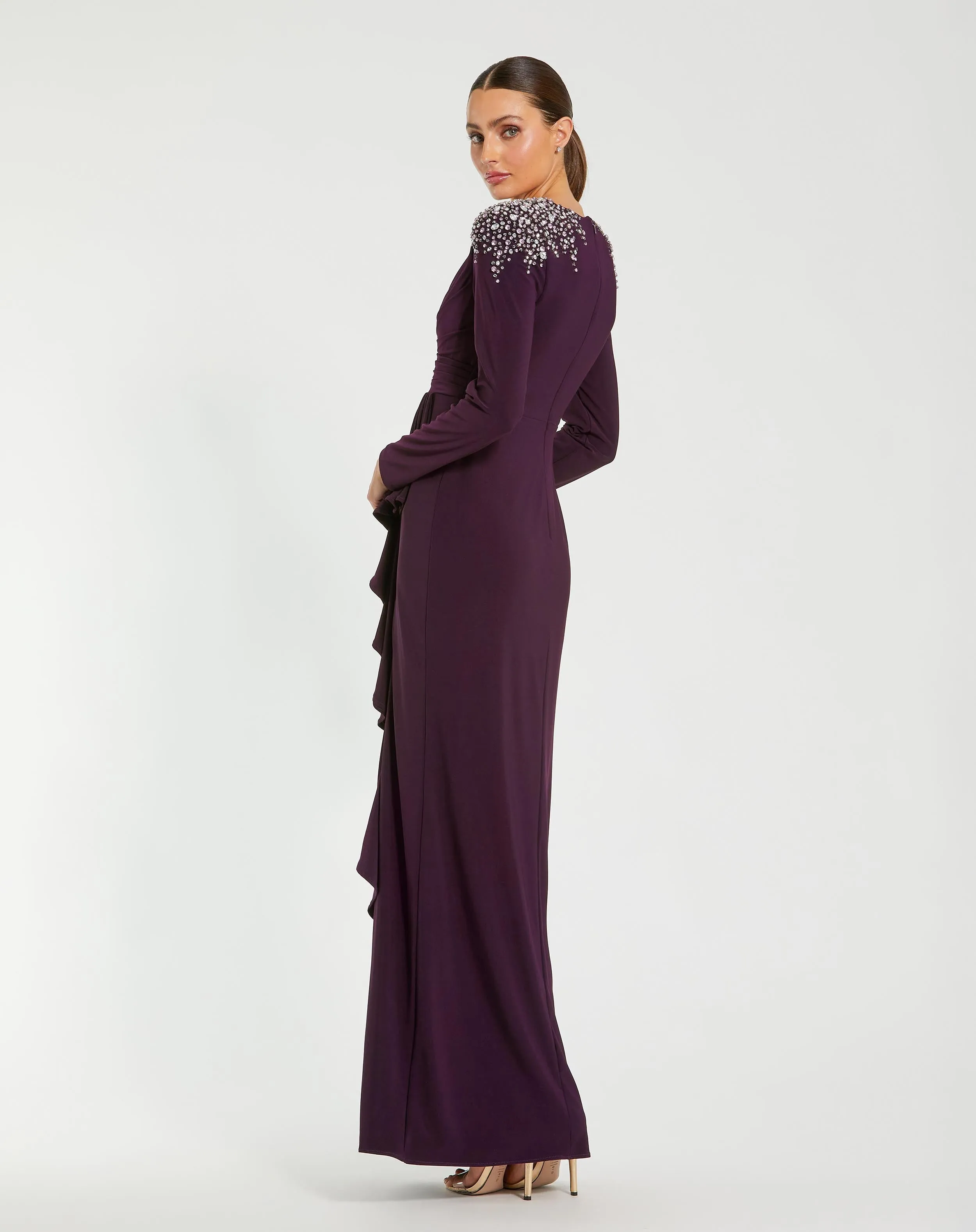 Purple Long Sleeve Gown with Cascading Ruffle & Rhinestone Shoulders sold by Mac Duggal product image thumbnail 3