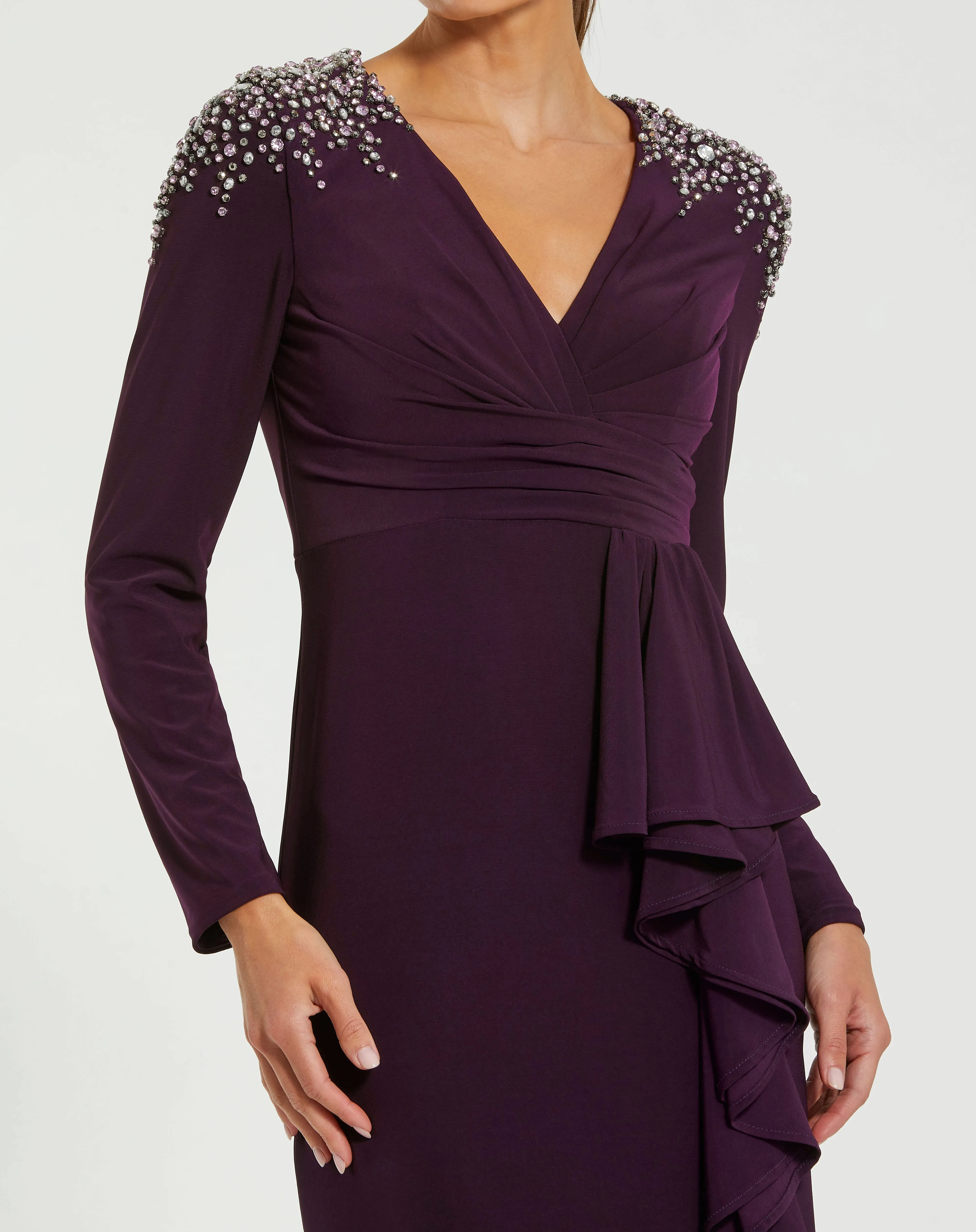 Purple Long Sleeve Gown with Cascading Ruffle & Rhinestone Shoulders sold by Mac Duggal product image thumbnail 2
