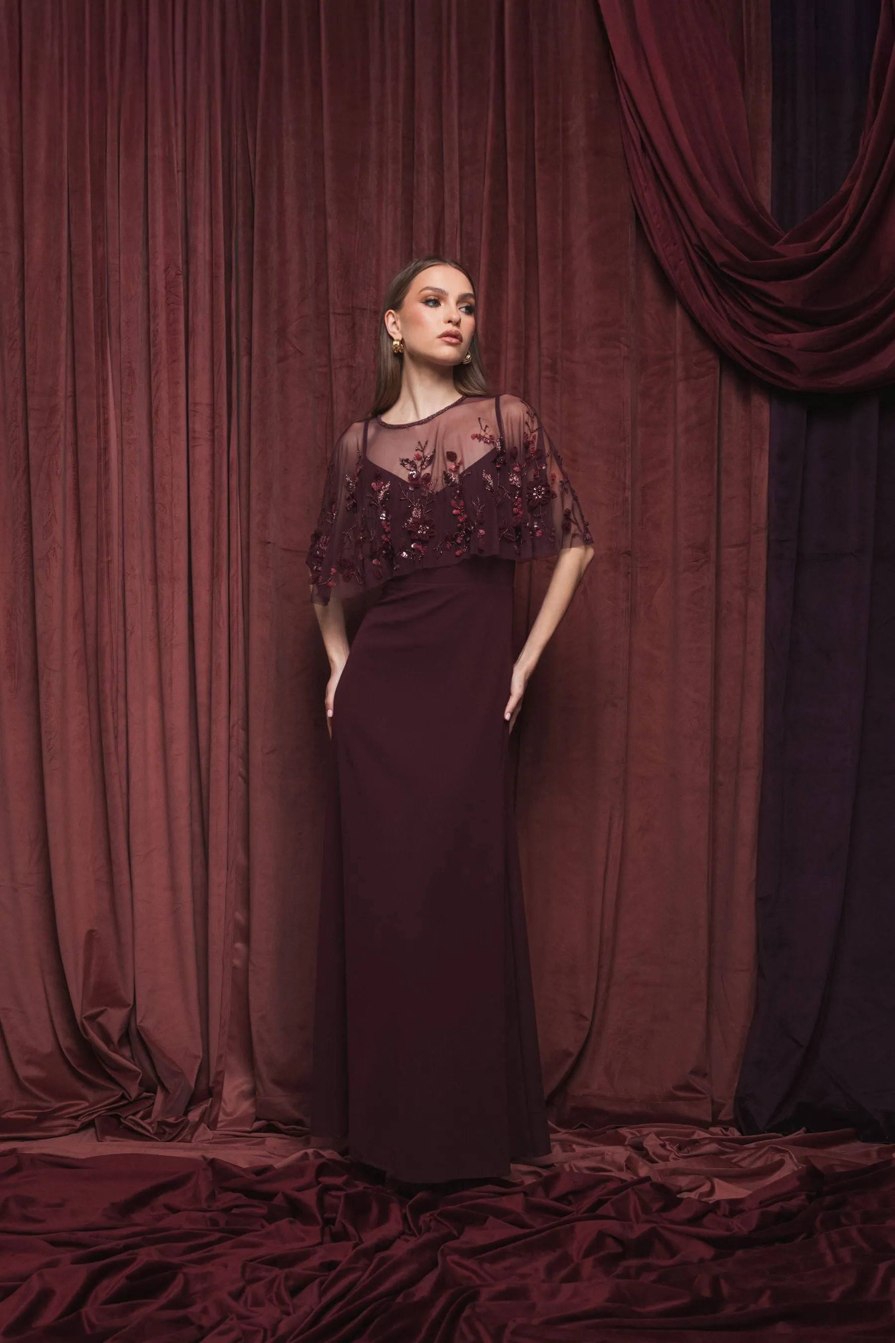 Burgundy Sleeveless Gown With Embellished Cape sold by Mac Duggal product image thumbnail 4