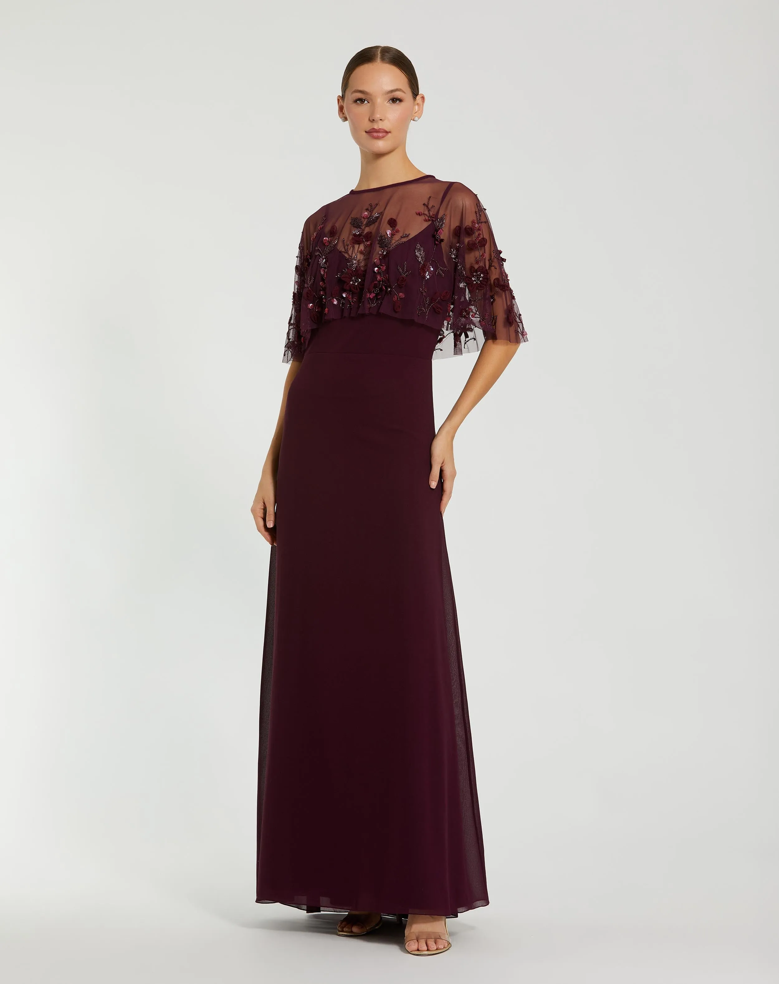 Burgundy Sleeveless Gown With Embellished Cape sold by Mac Duggal