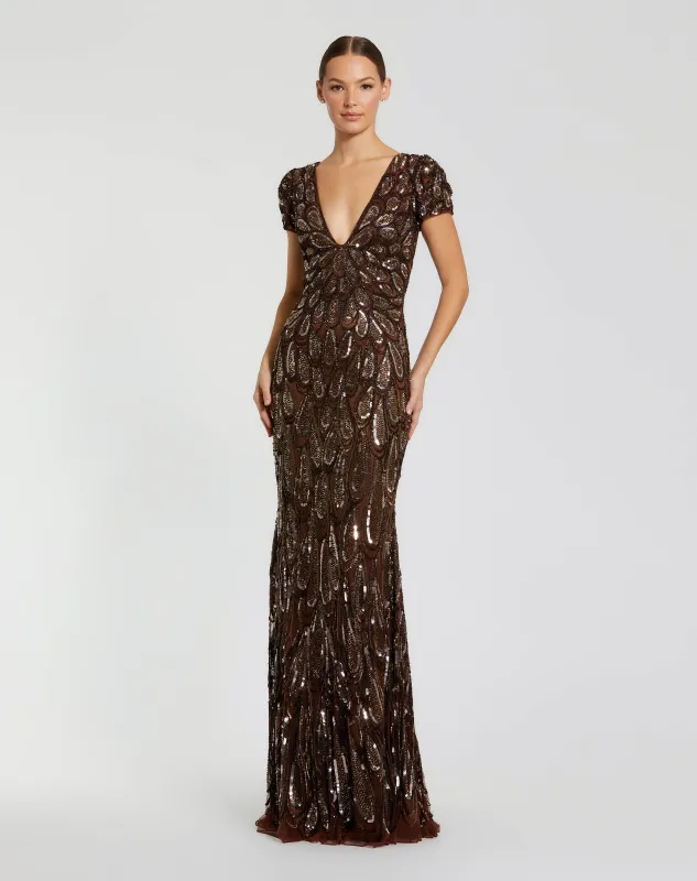 Brown Beaded Embellished V Neck Cap Sleeve Column Gown sold by Mac Duggal