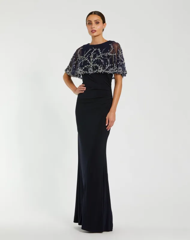 Navy Fitted Jersey Gown with Embellished Cape sold by Mac Duggal