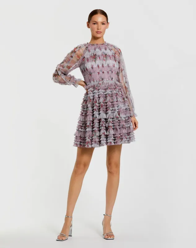 Purple Long Sleeve Floral Ruffle Mini Dress sold by Mac Duggal