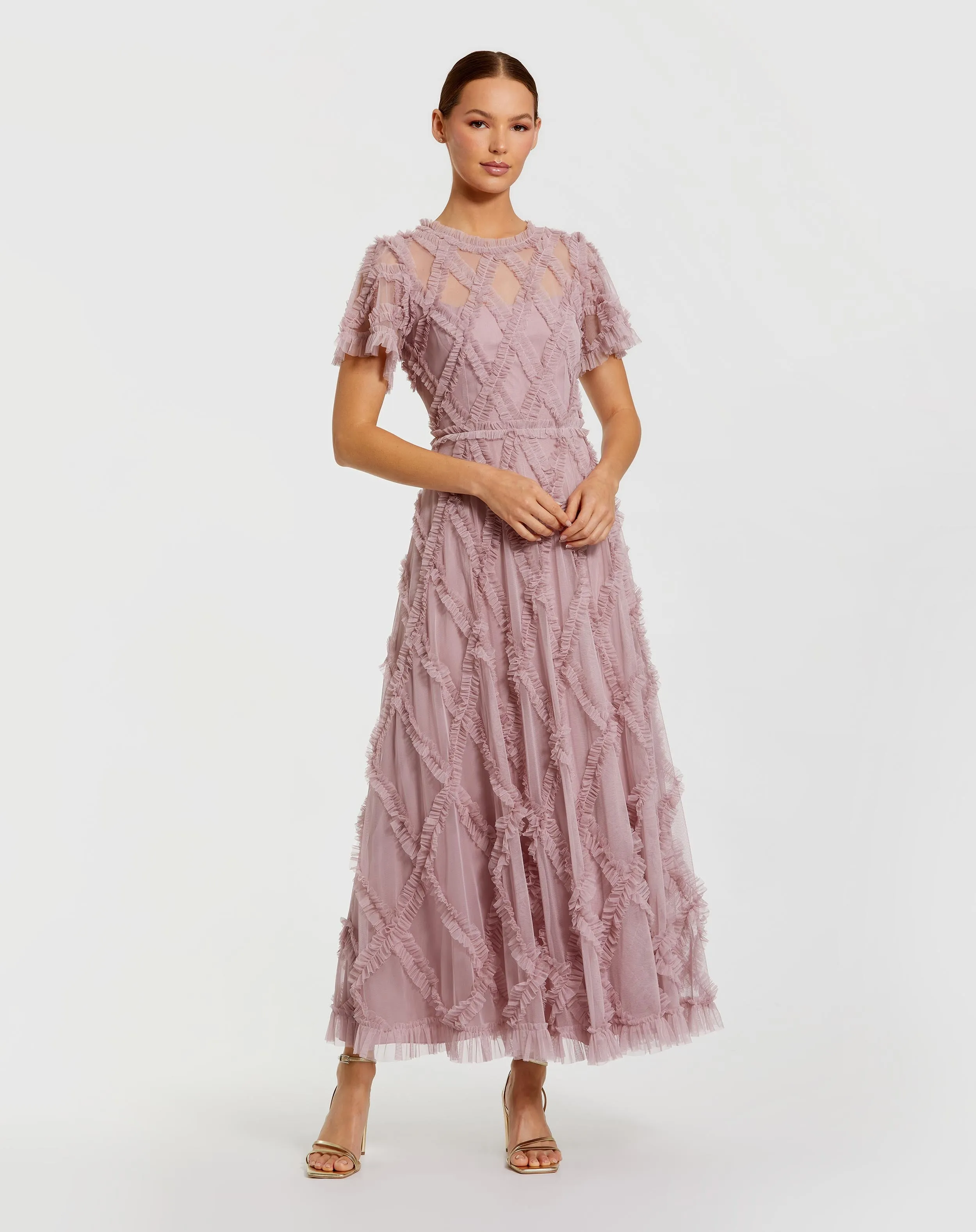 Pink Short Sleeve High Neck Ruffle Dress sold by Mac Duggal