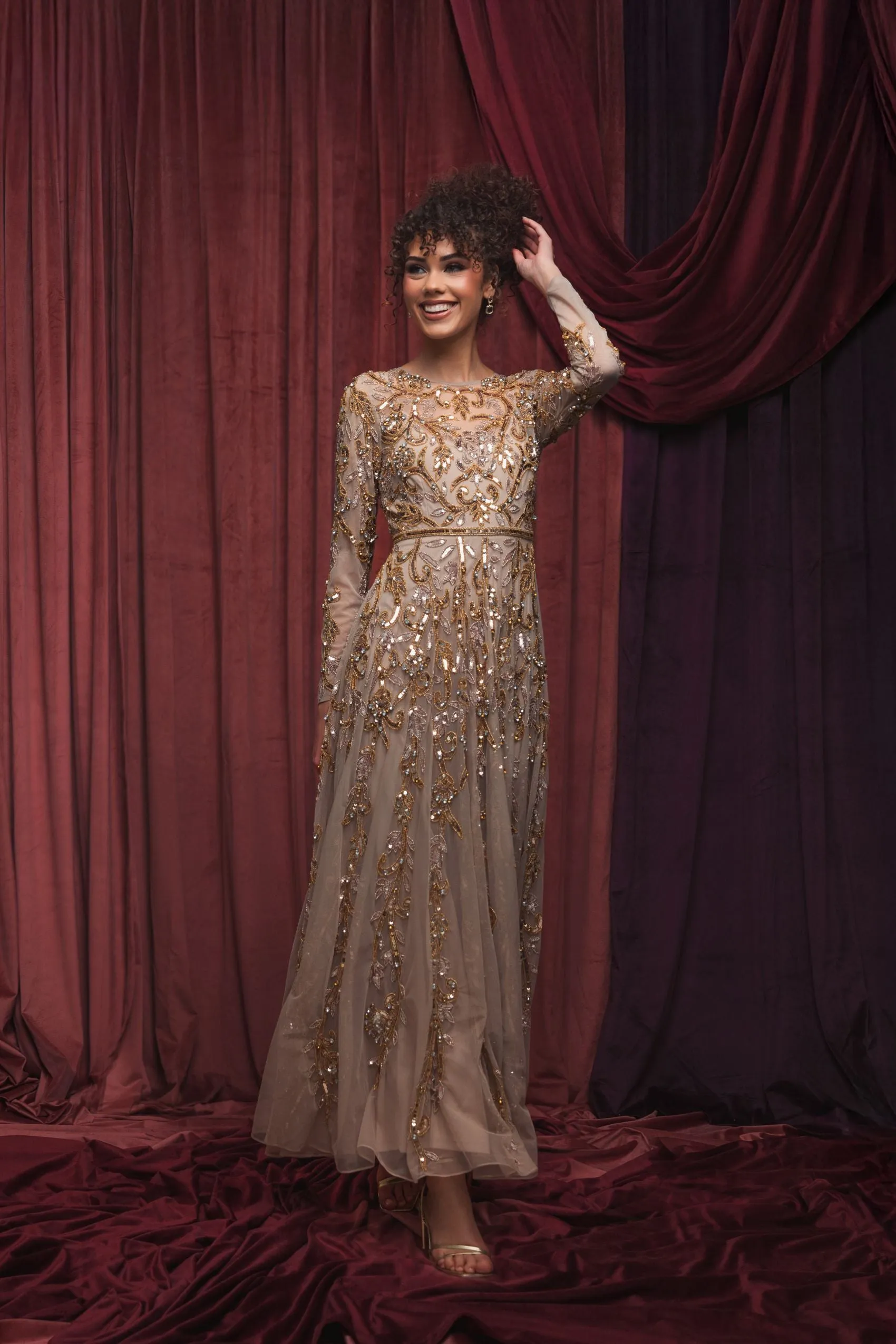 Beige Long Sleeve Hand Embellished Gown sold by Mac Duggal product image thumbnail 4