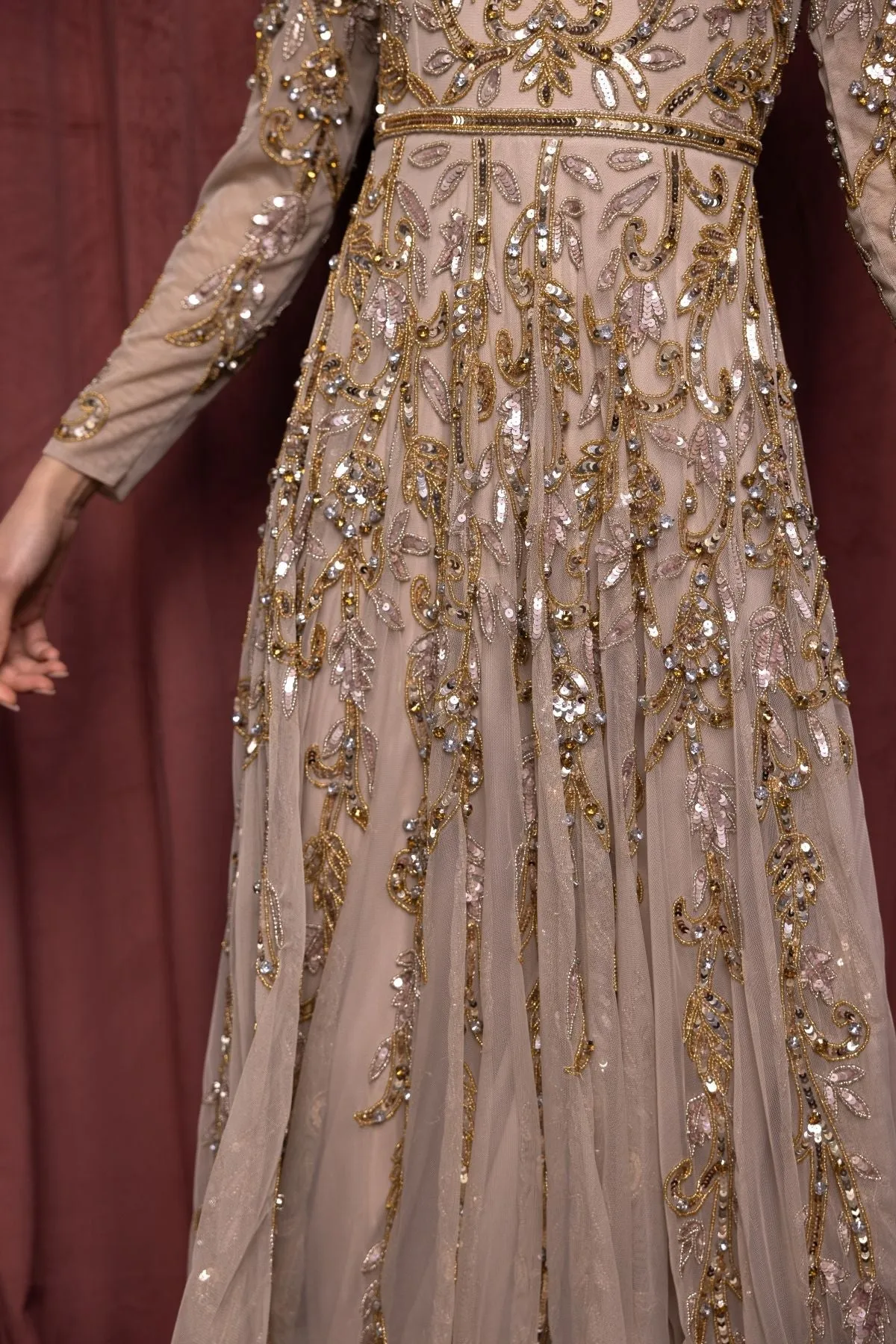 Beige Long Sleeve Hand Embellished Gown sold by Mac Duggal product image thumbnail 5