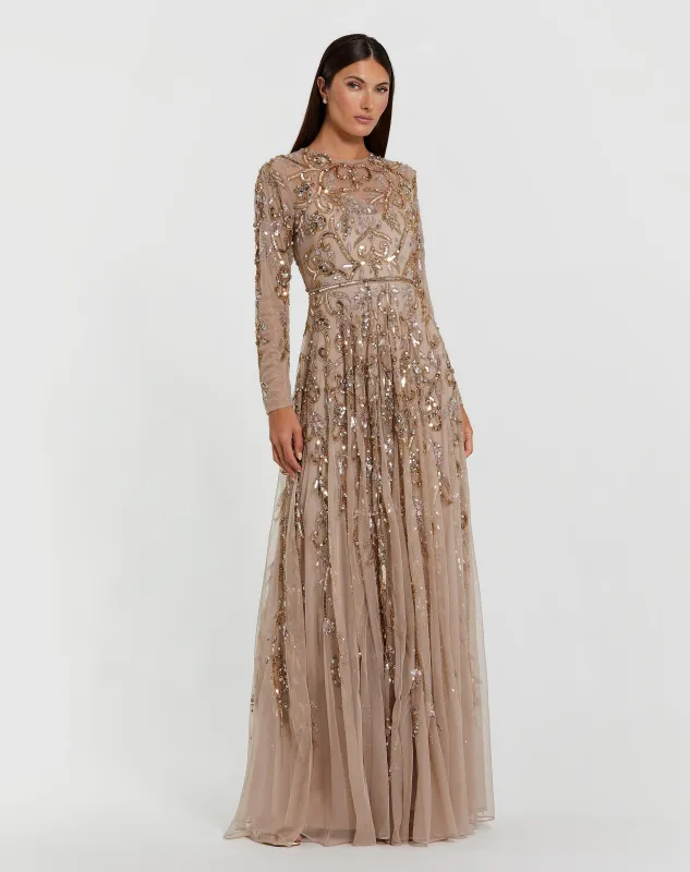 Beige Long Sleeve Hand Embellished Gown sold by Mac Duggal