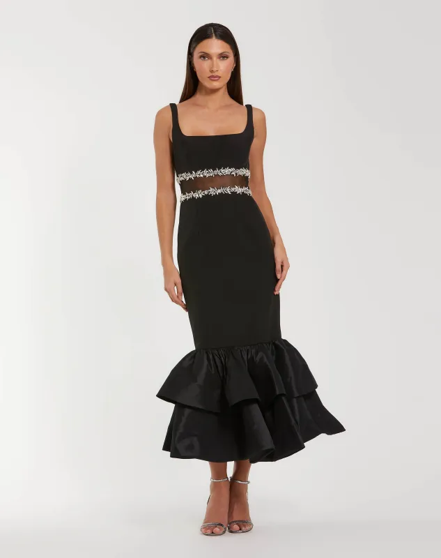 Black Crepe Ruffle Hem Midi Dress With Jewel Detail sold by Mac Duggal