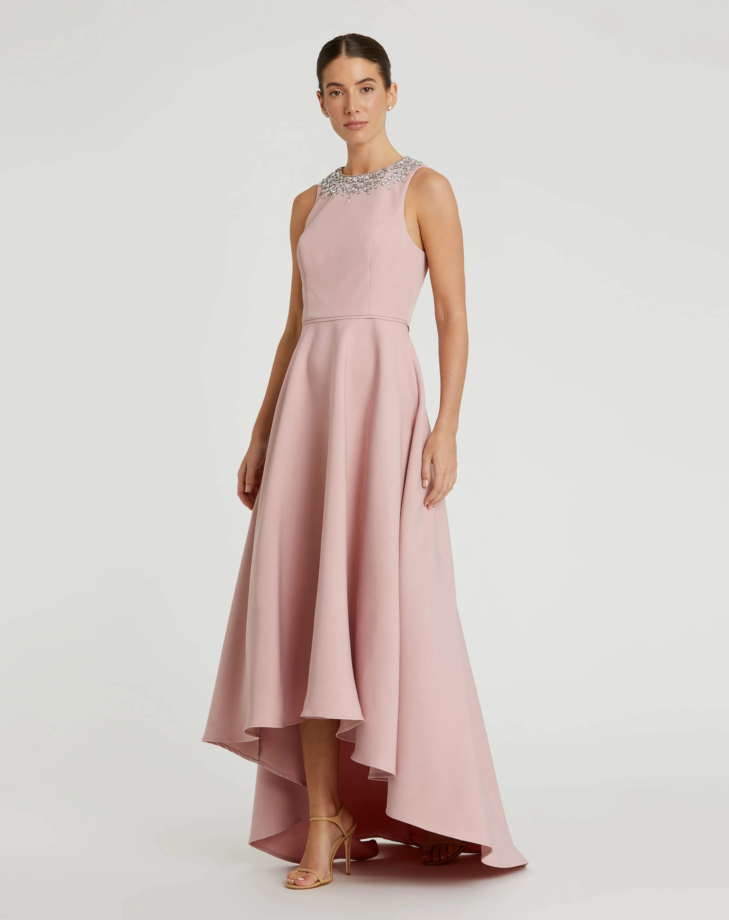 Blush Crepe Embellished Neck High Low Gown sold by Mac Duggal