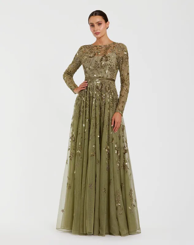 Green Long Sleeve Hand Embellished Floral A-line Gown sold by Mac Duggal