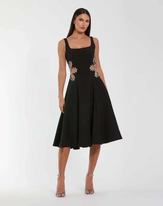 Black Sleeveless Crepe Rhinestone Cutout Midi Dress sold by Mac Duggal