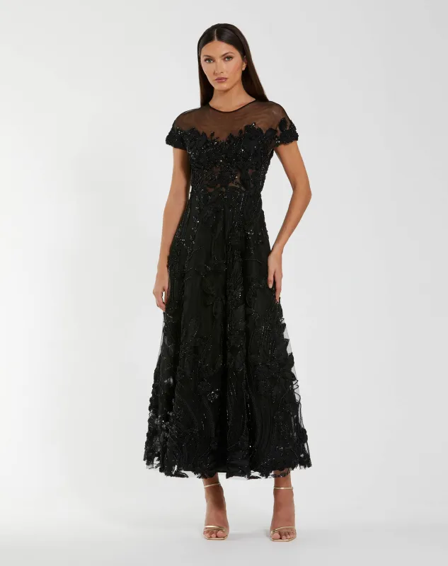 Black Embellished Lace Illusion Neck A-Line Midi Dress sold by Mac Duggal