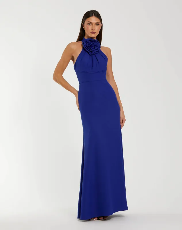 Blue Sleeveless Halter Neck Gown with Rosette Detail sold by Mac Duggal