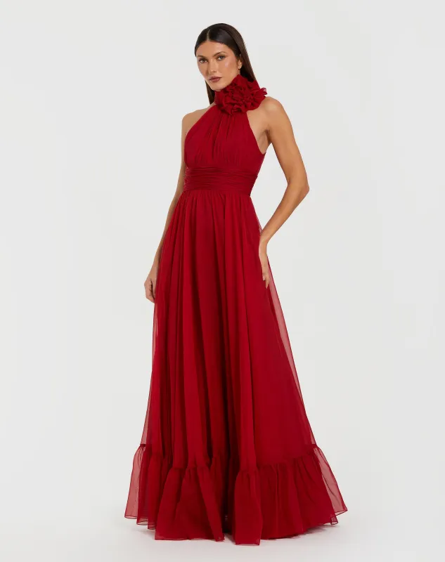Red Halter Neck Chiffon Gown with 3D Flower sold by Mac Duggal