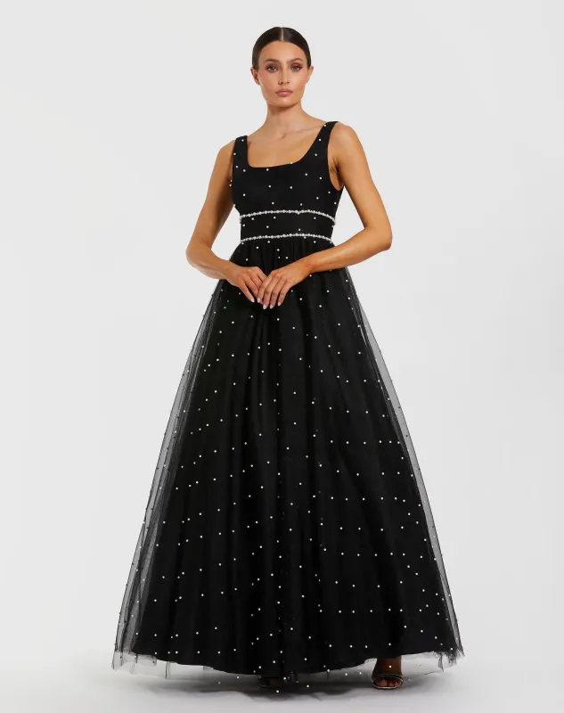 Black Pearl Embellished Tulle Sleeveless Ball Gown sold by Mac Duggal