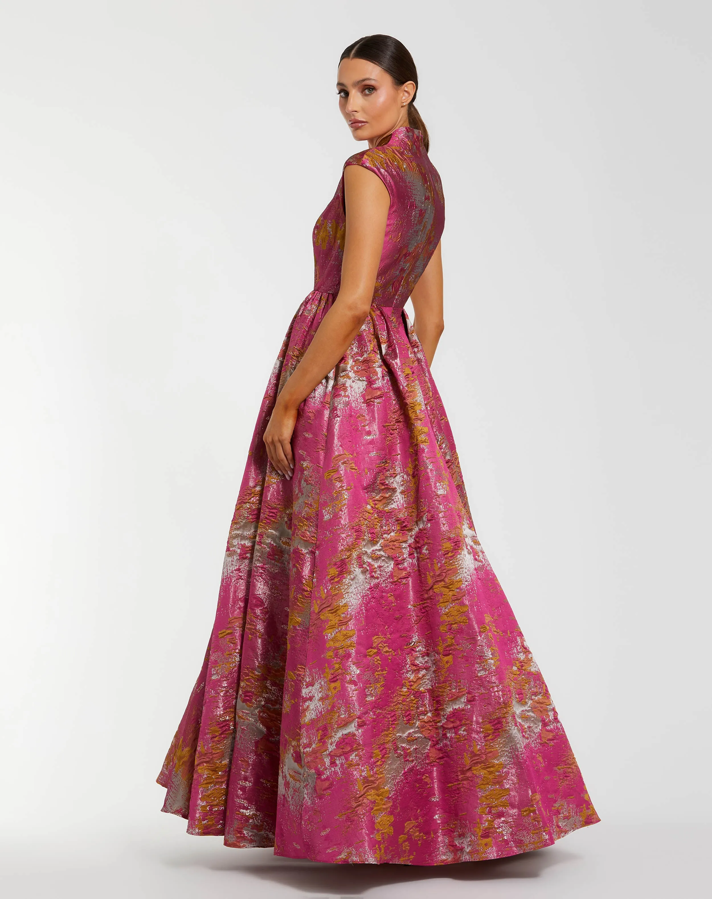 Pink Metallic Jacquard Ball Gown with Mandarin Collar sold by Mac Duggal product image thumbnail 3