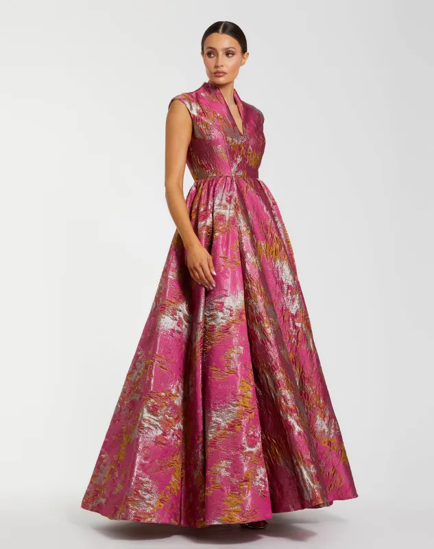 Pink Metallic Jacquard Ball Gown with Mandarin Collar made by Mac Duggal