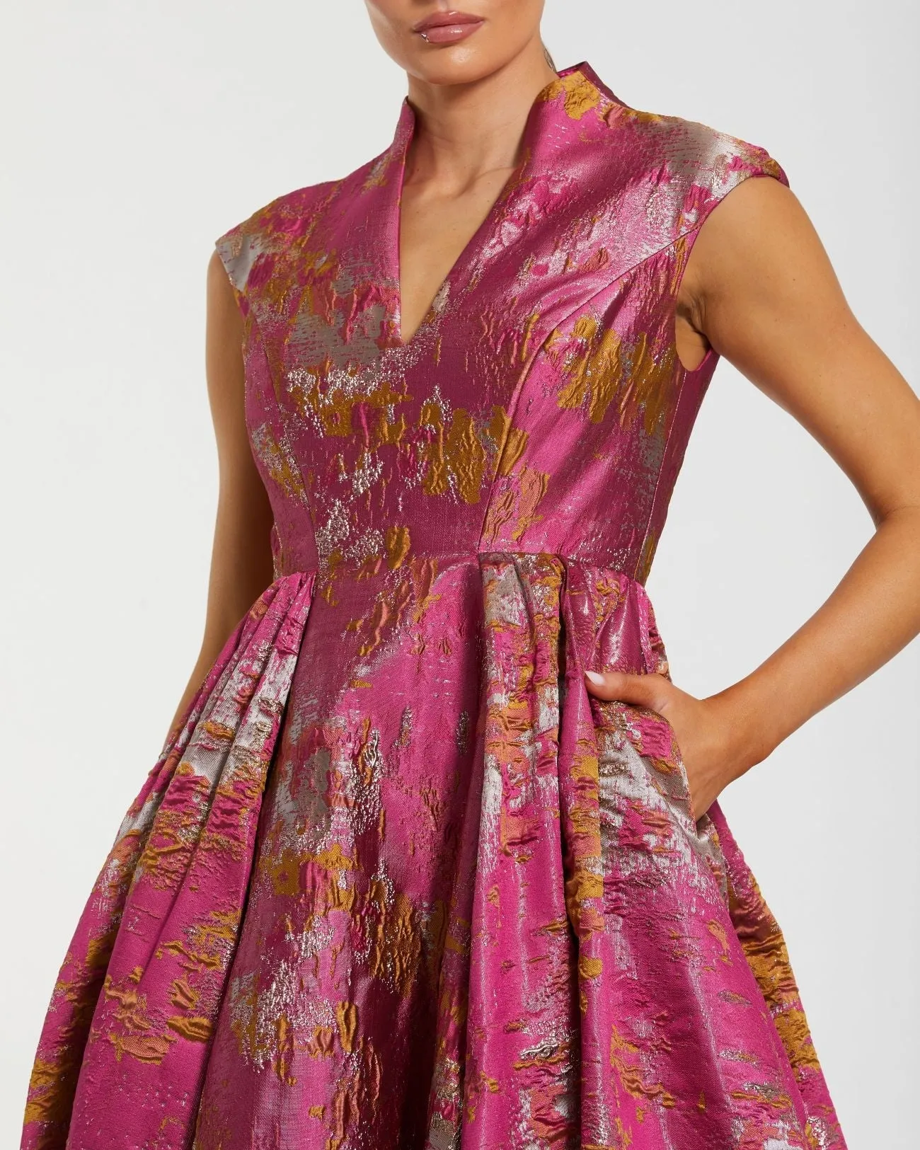 Pink Metallic Jacquard Ball Gown with Mandarin Collar sold by Mac Duggal product image thumbnail 2