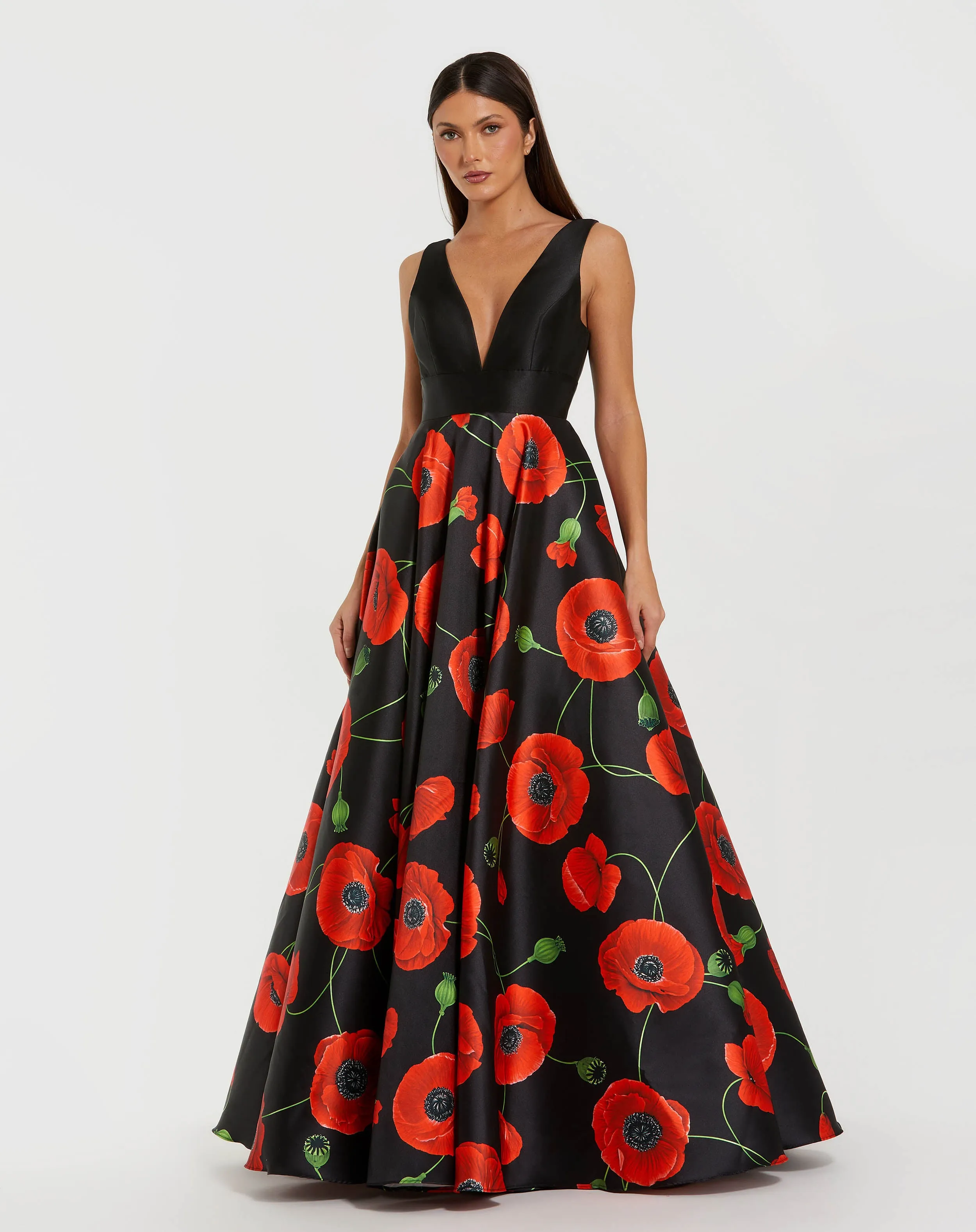 Black Plunge Neck Ball Gown With Floral Mikado Skirt sold by Mac Duggal