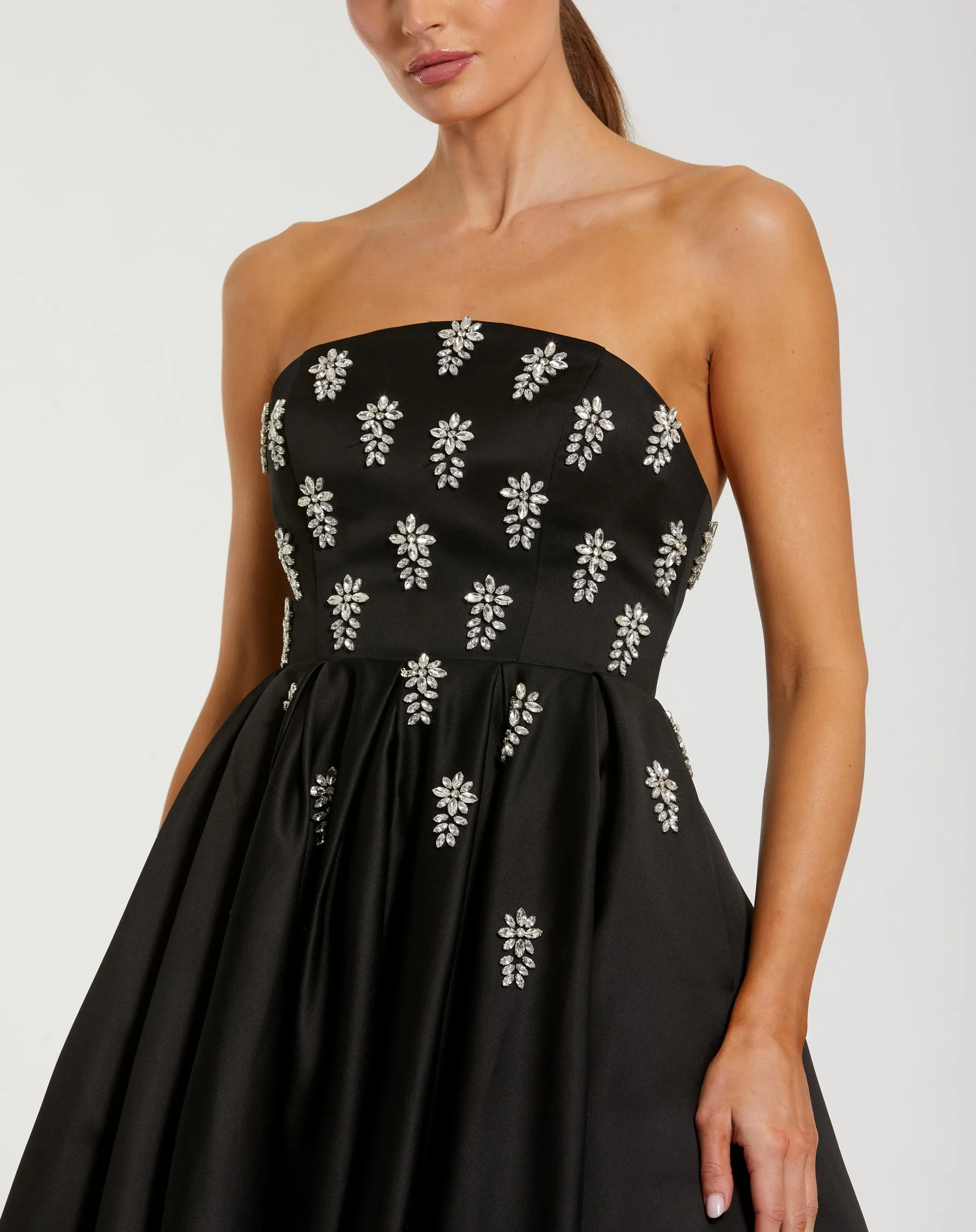 Black Crystal Embellished Strapless Satin A-Line Dress sold by Mac Duggal product image thumbnail 2