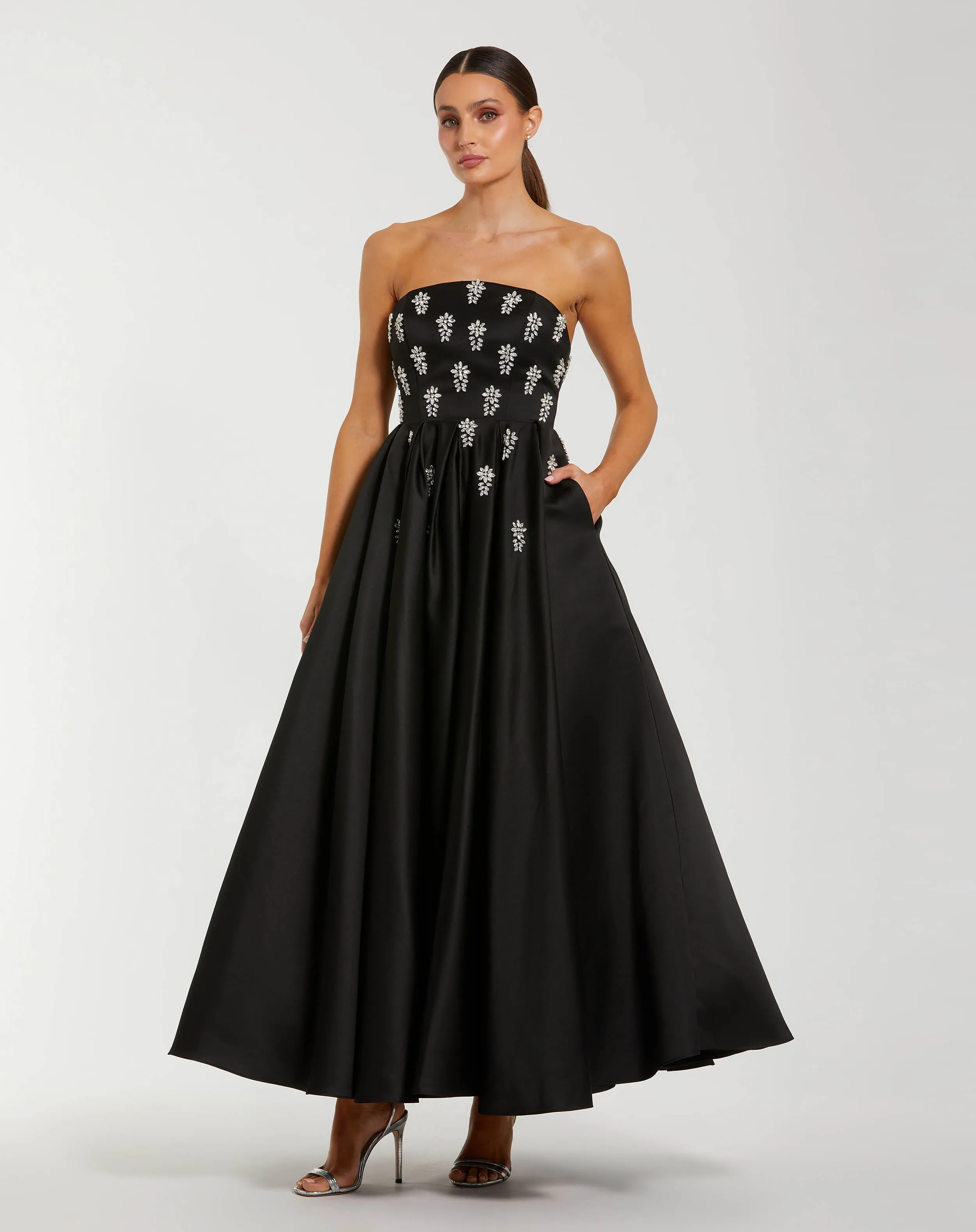 Black Crystal Embellished Strapless Satin A-Line Dress sold by Mac Duggal