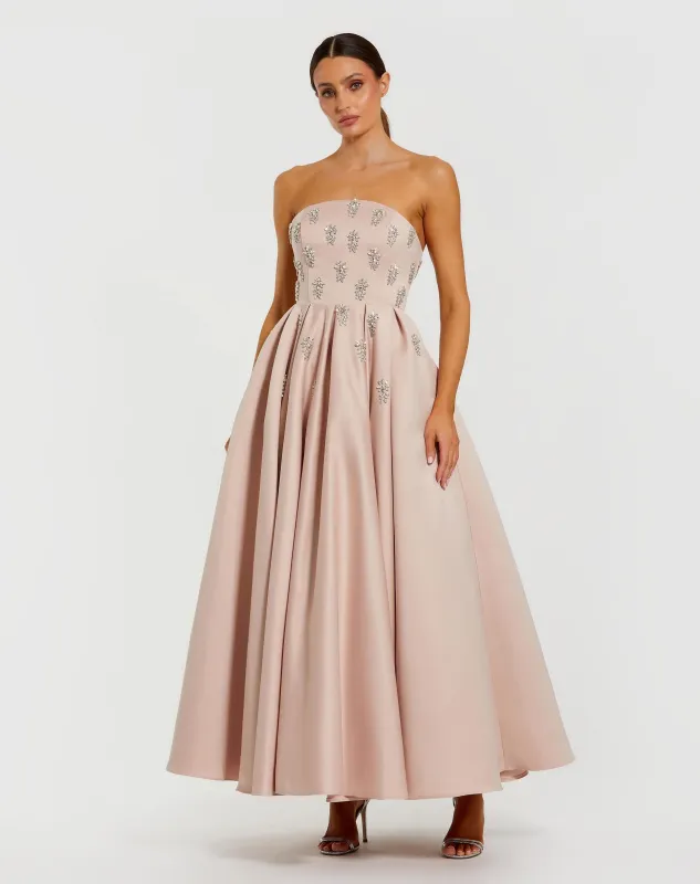 Pink Crystal Embellished Strapless Satin A-Line Dress sold by Mac Duggal