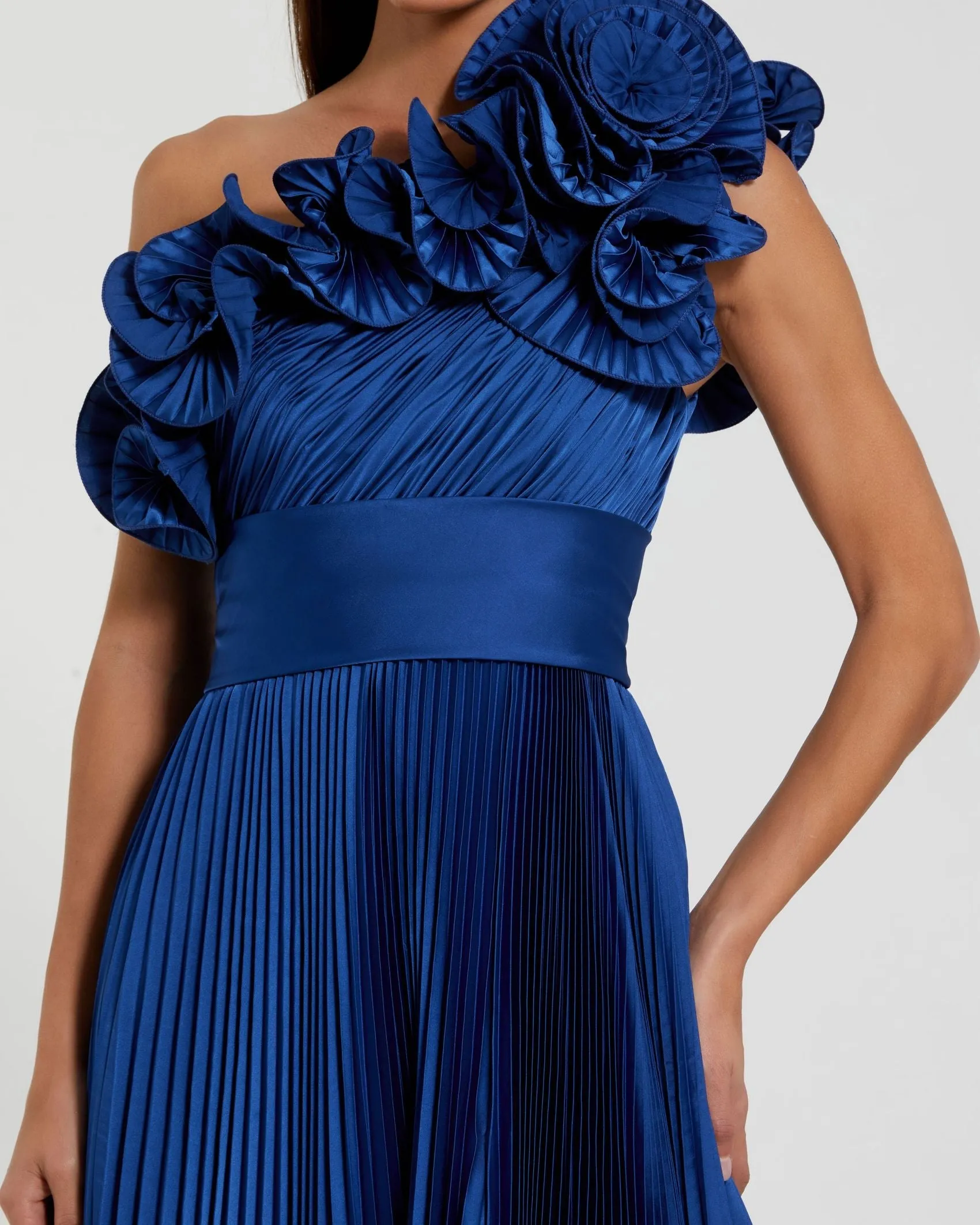 Blue Pleated Charmeuse One-Shoulder Evening Gown with Ruffle Detail sold by Mac Duggal product image thumbnail 2