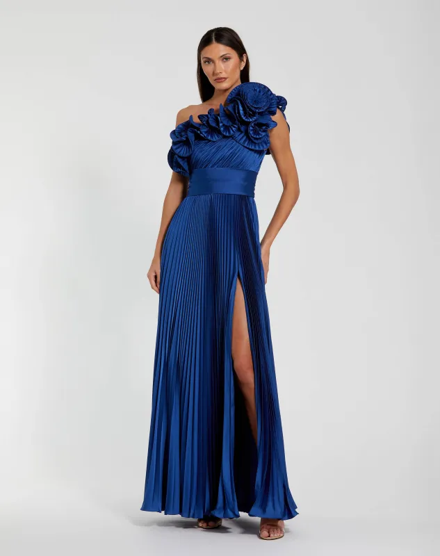 Blue Pleated Charmeuse One-Shoulder Evening Gown with Ruffle Detail sold by Mac Duggal