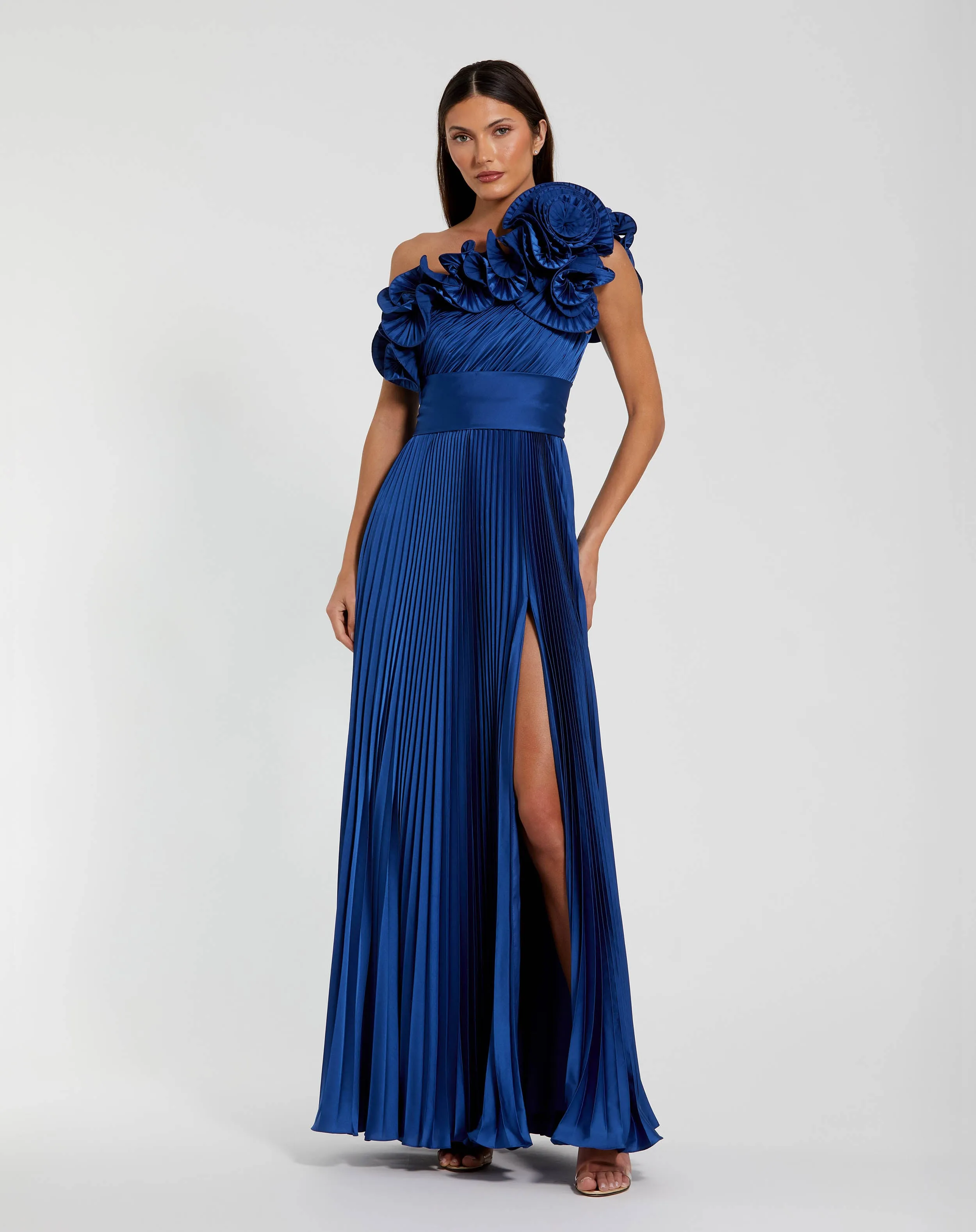 Blue Pleated Charmeuse One-Shoulder Evening Gown with Ruffle Detail sold by Mac Duggal