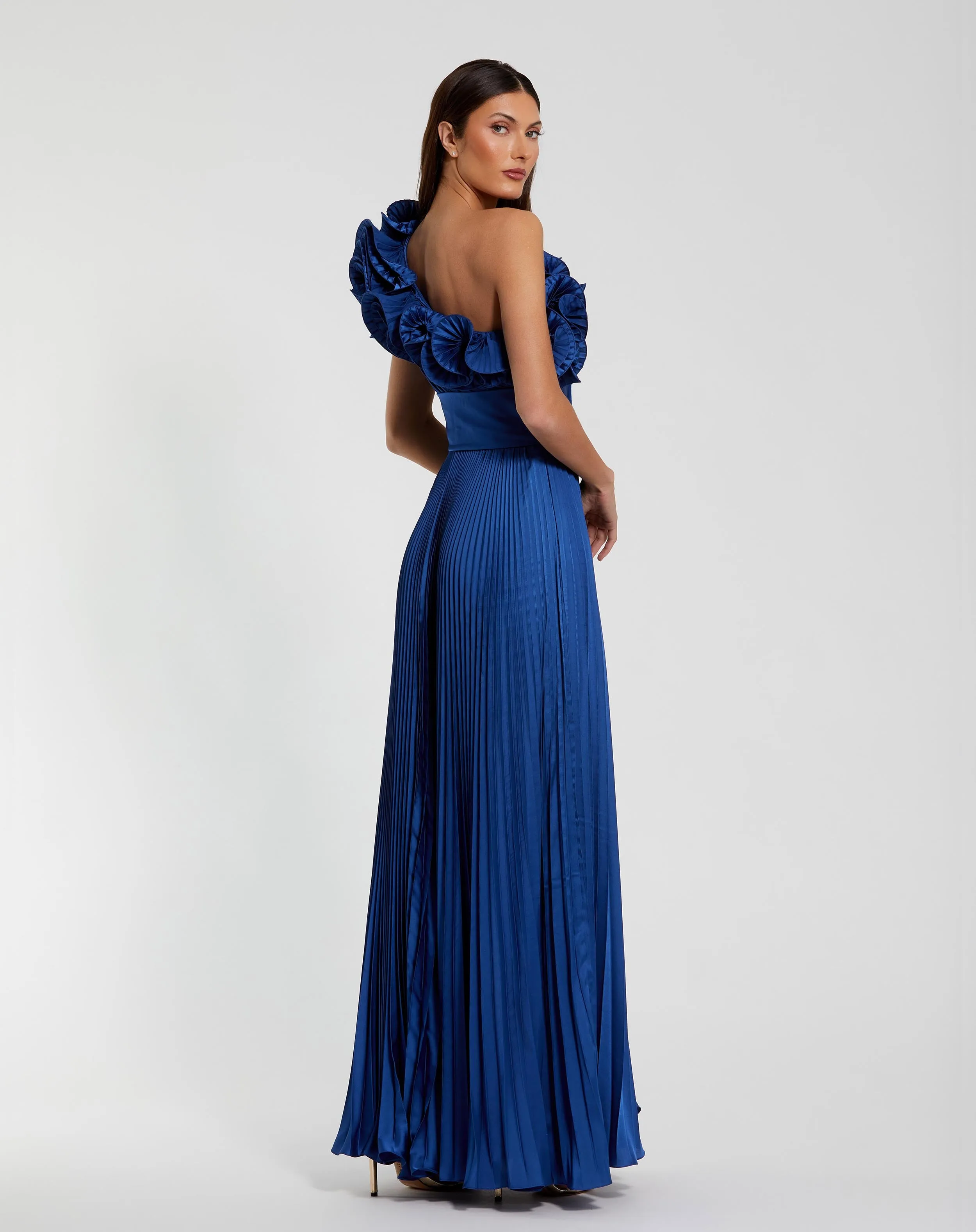 Blue Pleated Charmeuse One-Shoulder Evening Gown with Ruffle Detail sold by Mac Duggal product image thumbnail 3