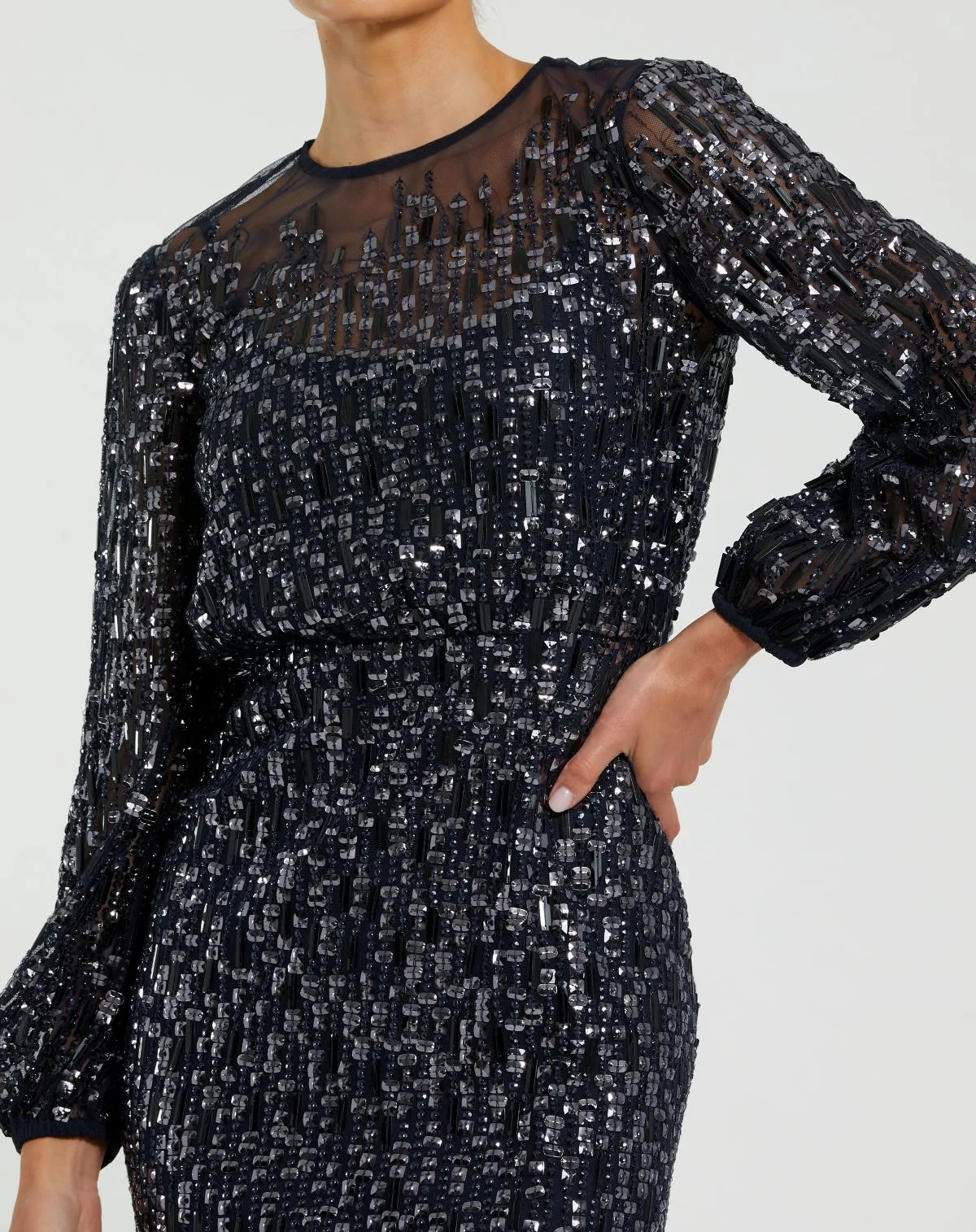 Navy Sequin Long Sleeve Blouson Evening Gown sold by Mac Duggal product image thumbnail 2