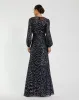 Navy Sequin Long Sleeve Blouson Evening Gown sold by Mac Duggal
