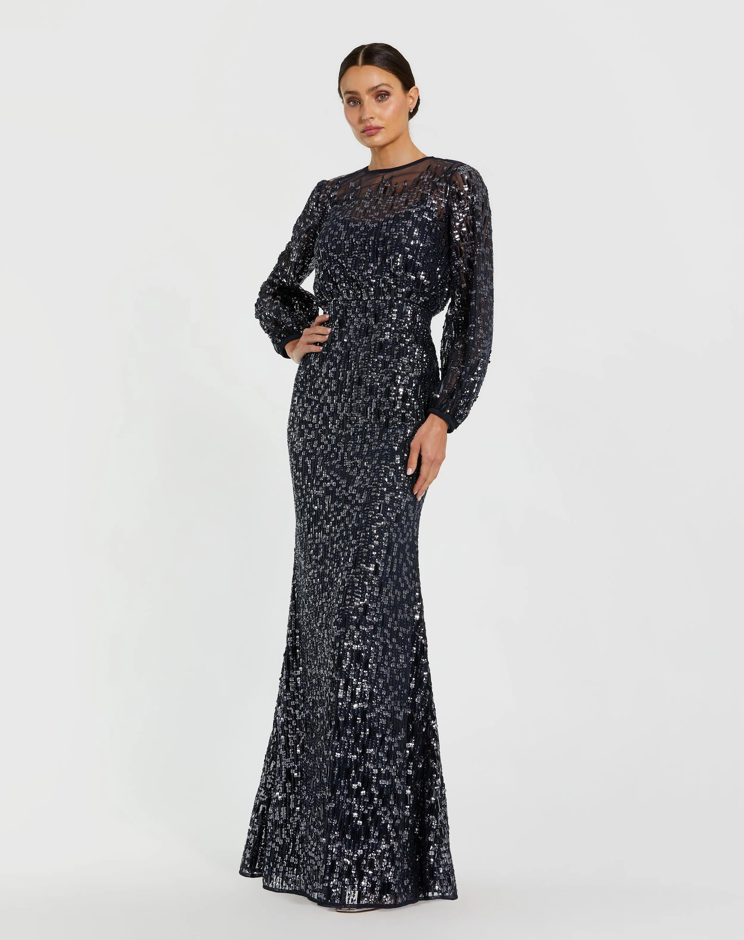 Navy Sequin Long Sleeve Blouson Evening Gown sold by Mac Duggal