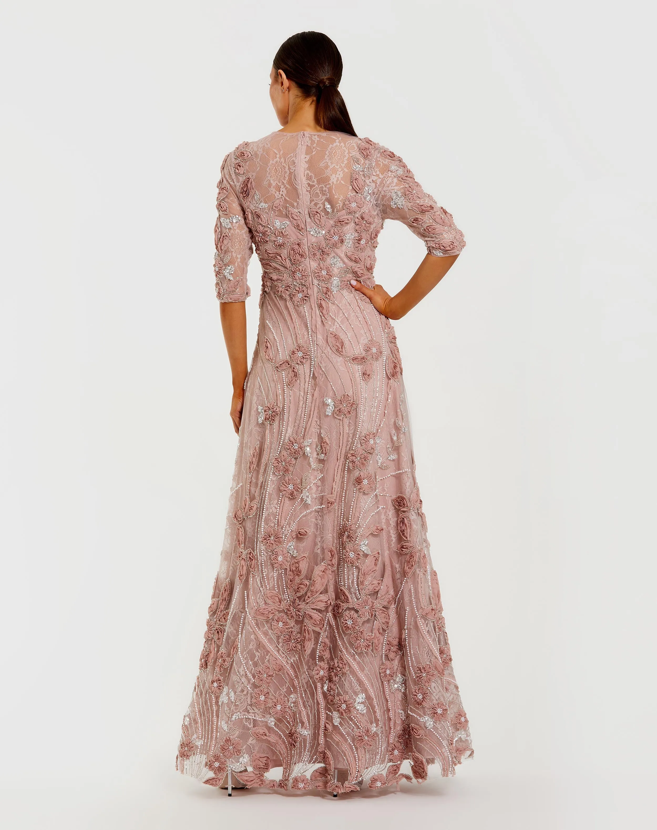 Pink High Neck Embellished Lace Gown with 3/4 Sleeves sold by Mac Duggal product image thumbnail 3
