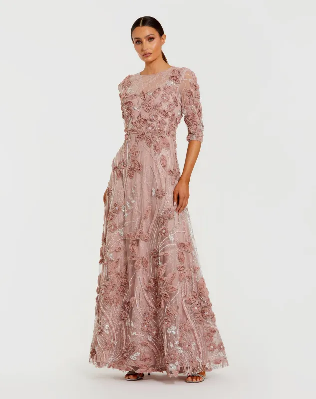 Pink High Neck Embellished Lace Gown with 3/4 Sleeves sold by Mac Duggal